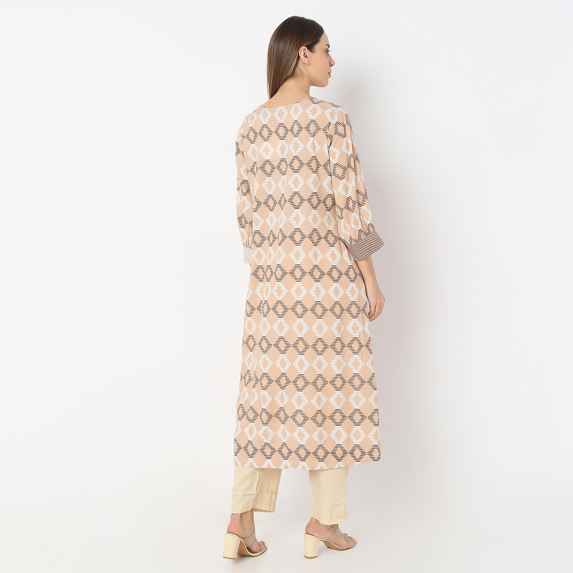 Prinetd Below Knee V-Neck Sand Dunes Flared Kurta