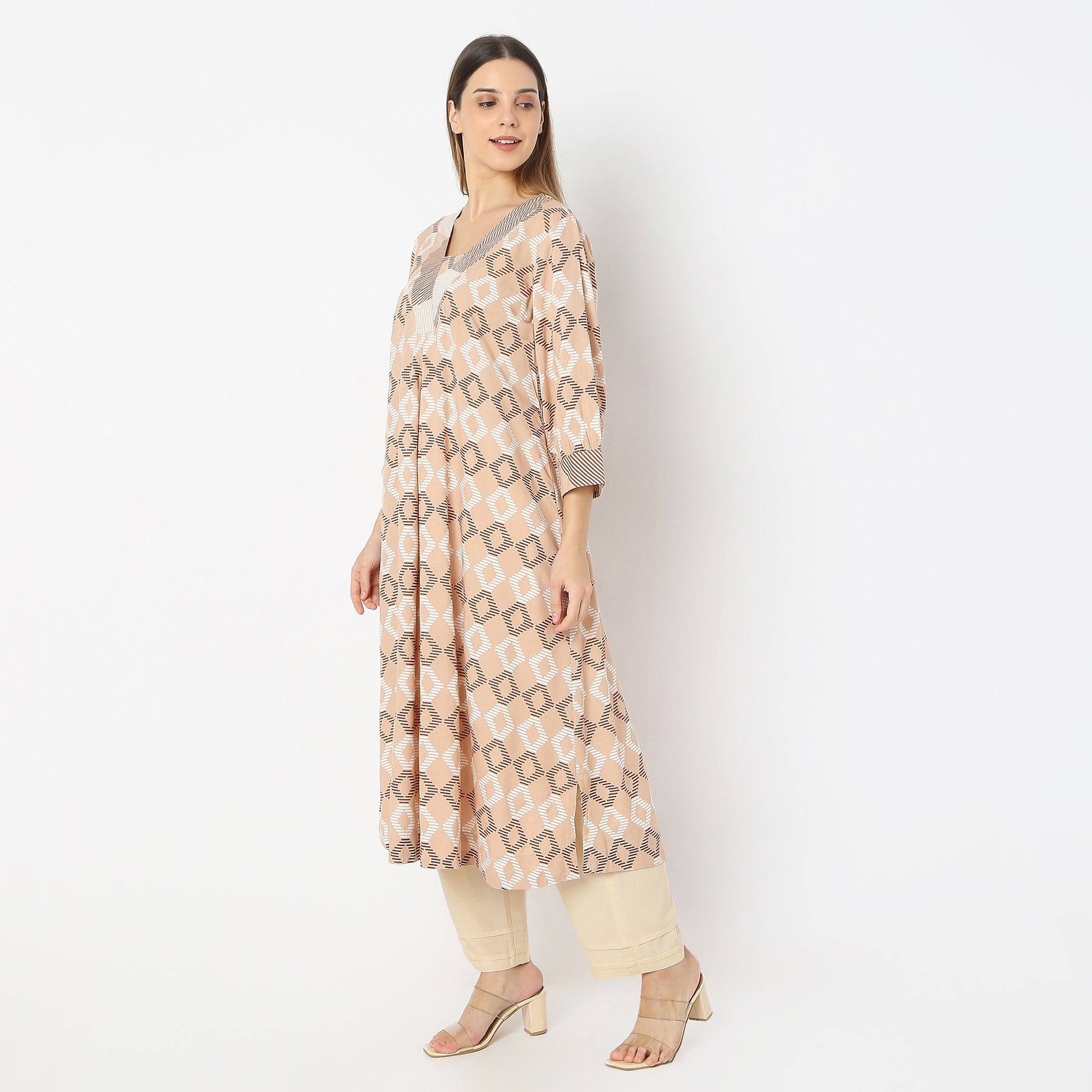 Prinetd Below Knee V-Neck Sand Dunes Flared Kurta