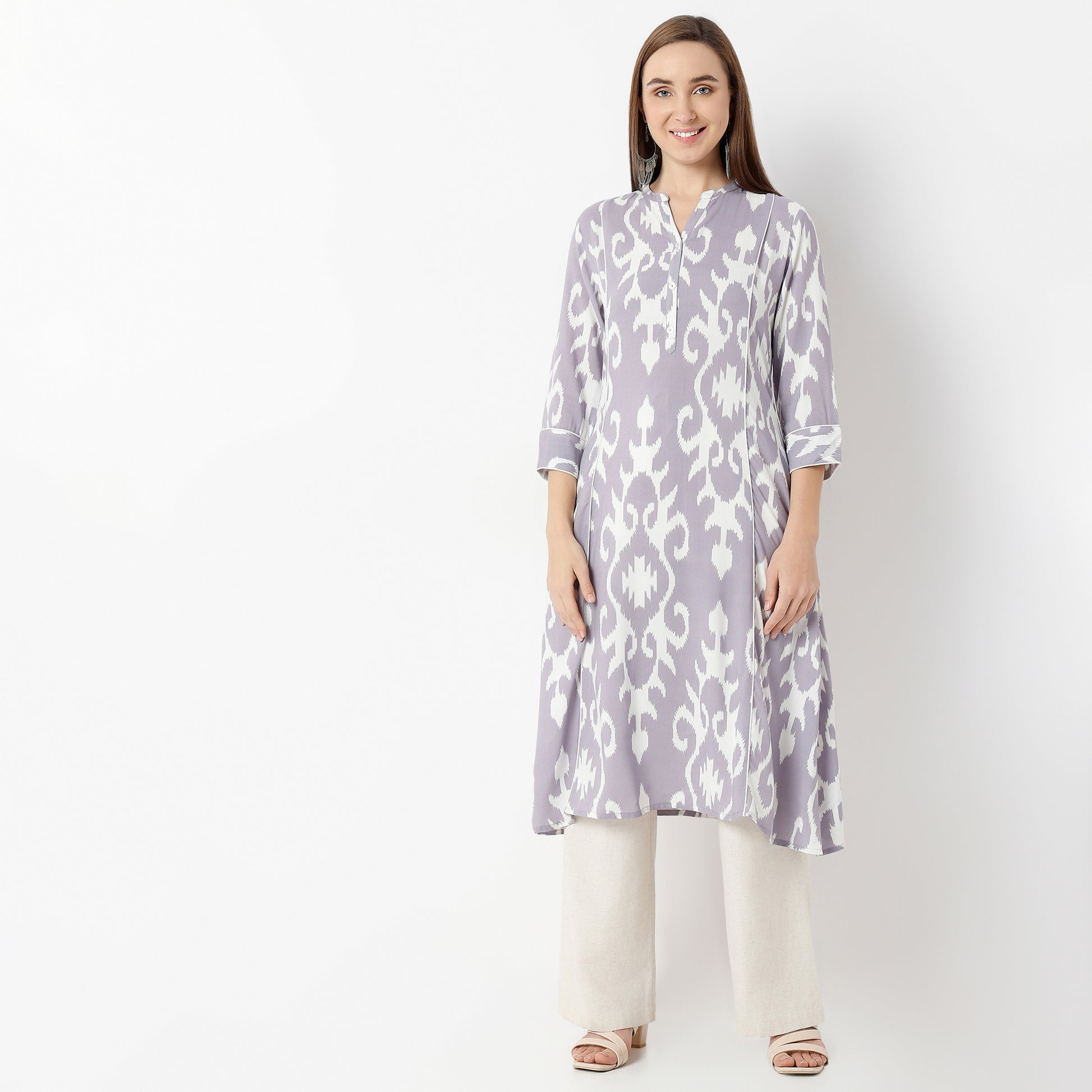 Flare Fit Printed Band Collar Kurta