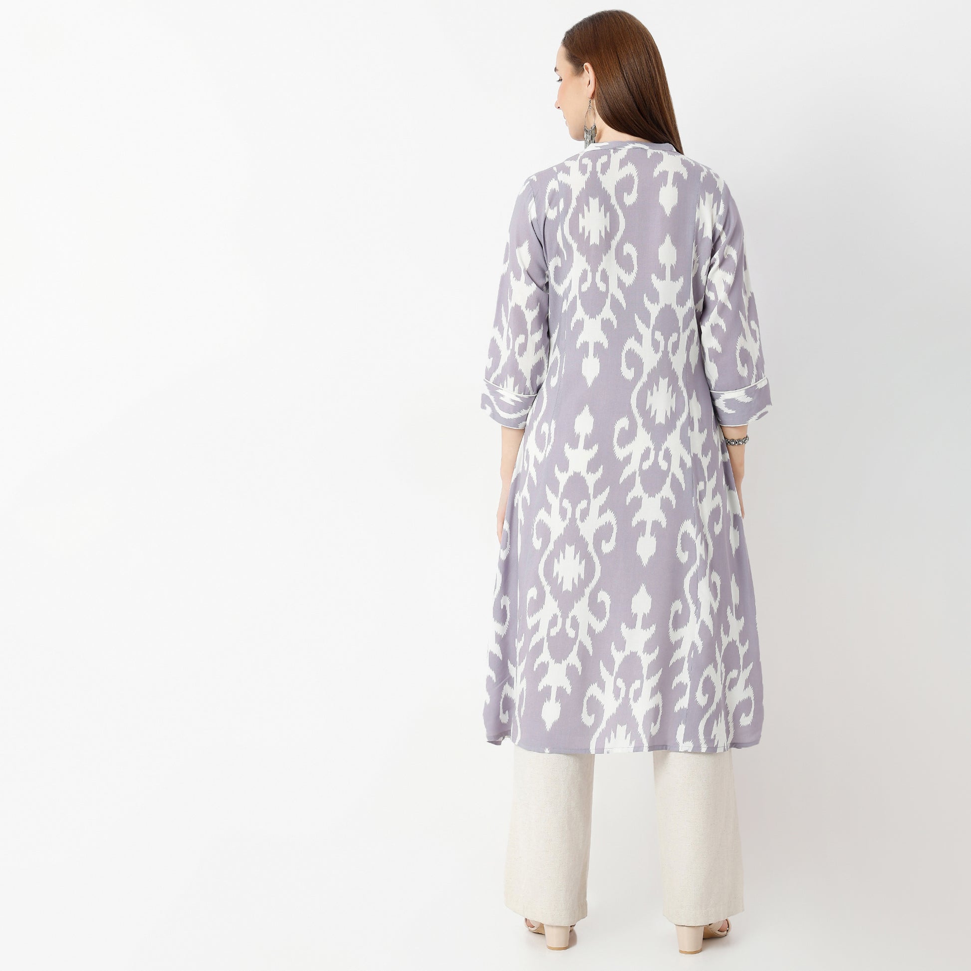 Flare Fit Printed Band Collar Kurta