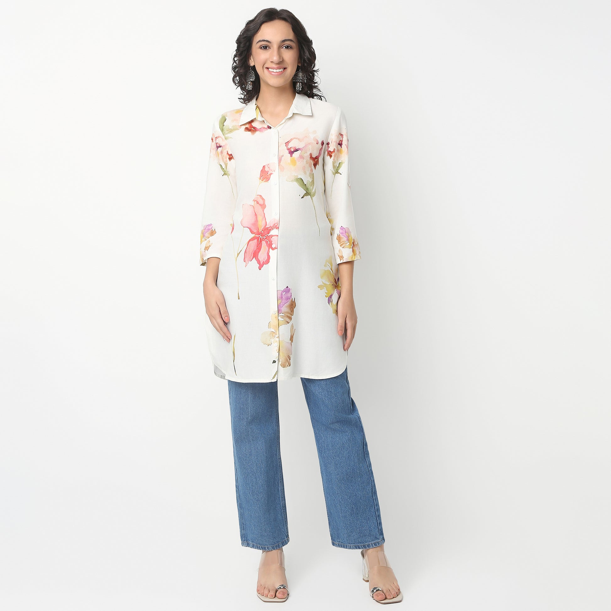 Above Knee Three-Fourth Sleeve Shirt Collar Flare Fit Printed Kurta