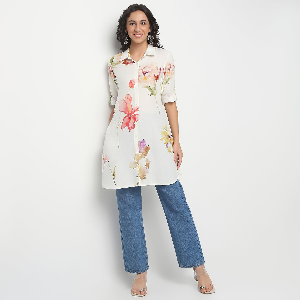 Above Knee Three-Fourth Sleeve Shirt Collar Flare Fit Printed Kurta