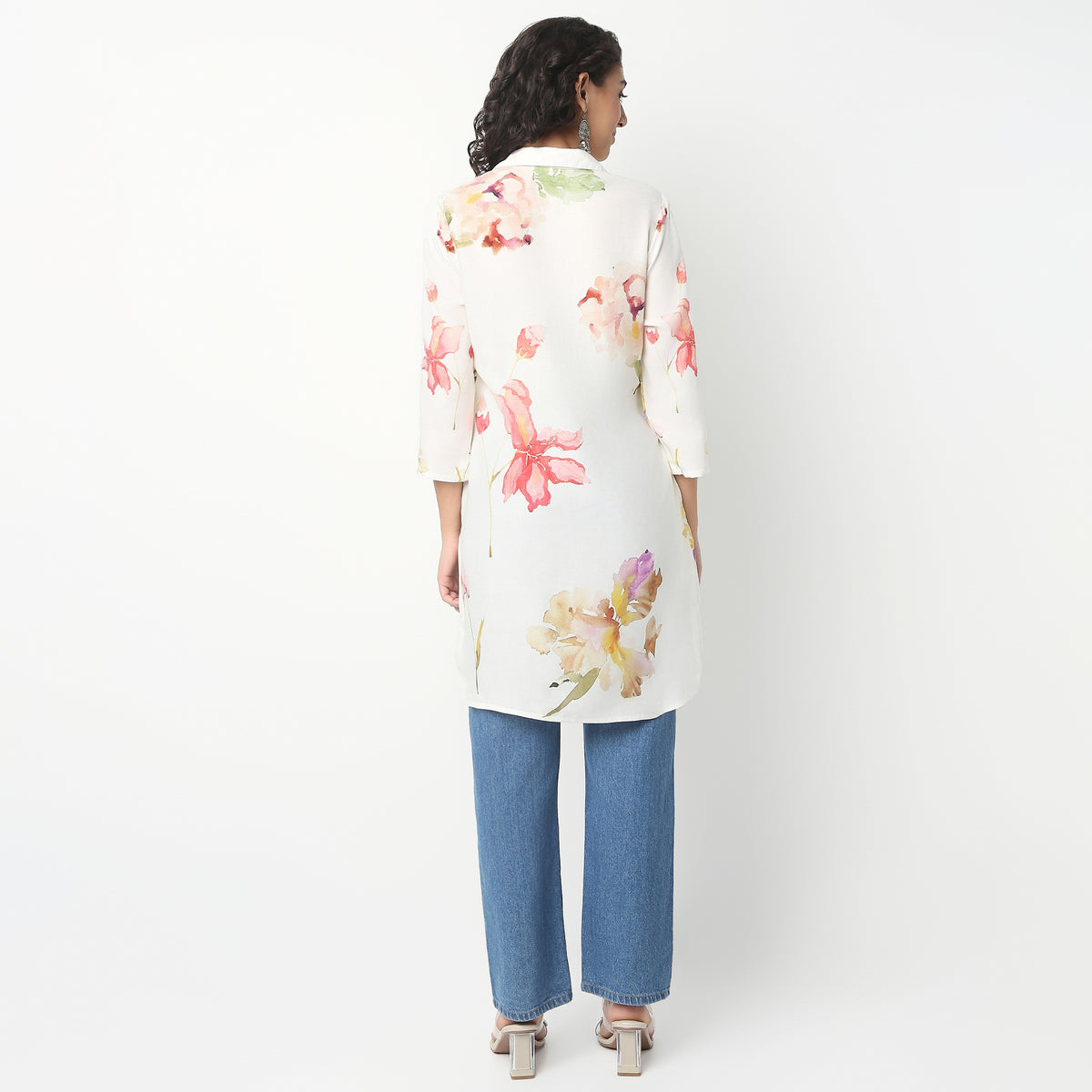 Above Knee Three-Fourth Sleeve Shirt Collar Flare Fit Printed Kurta