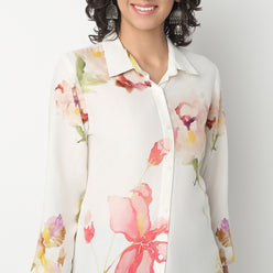 Above Knee Three-Fourth Sleeve Shirt Collar Flare Fit Printed Kurta