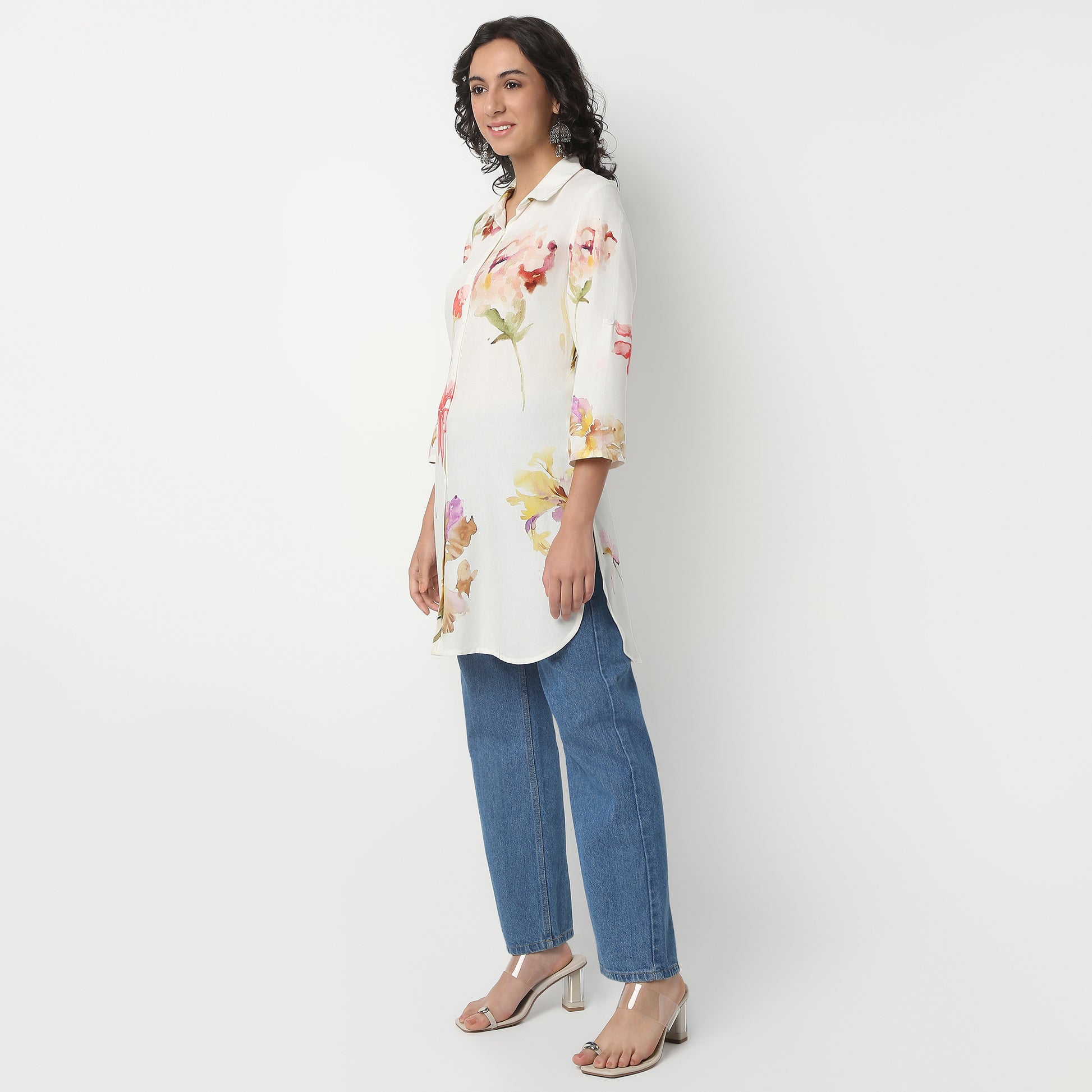 Above Knee Three-Fourth Sleeve Shirt Collar Flare Fit Printed Kurta