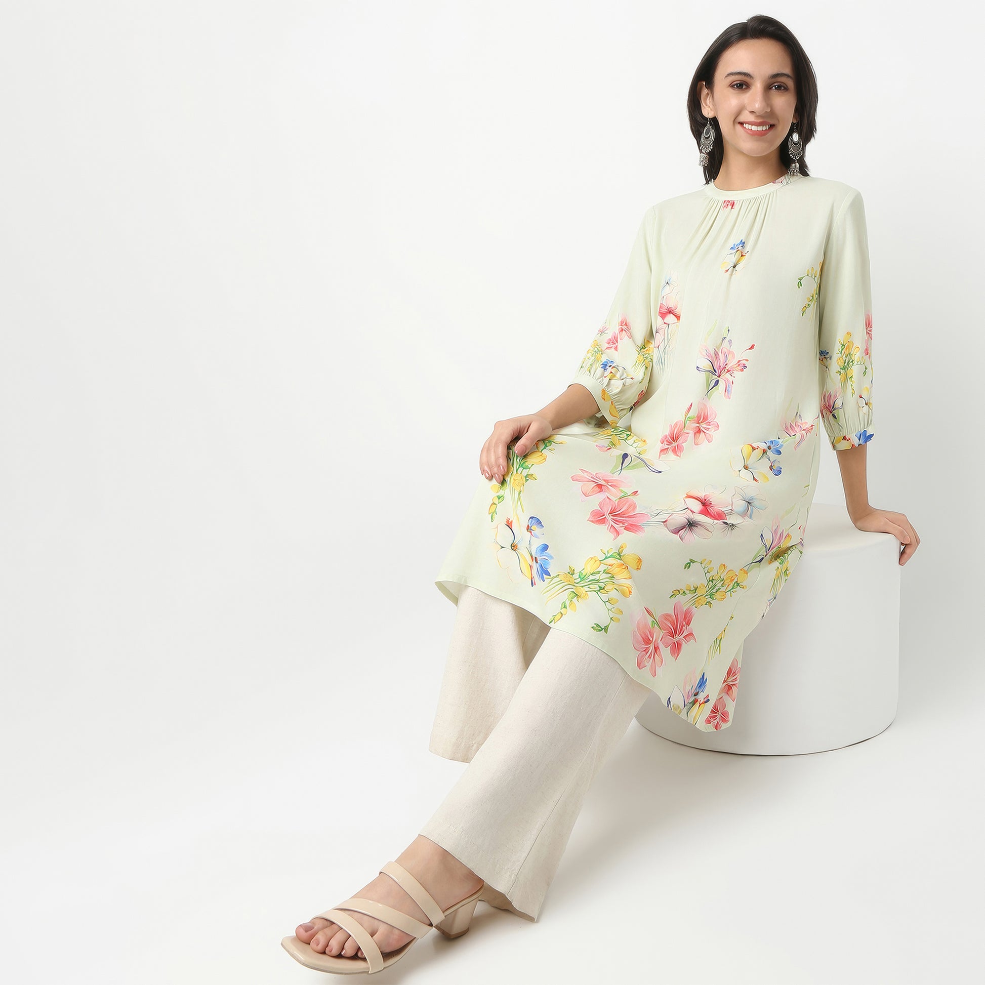 Flare Fit Printed Band Neck Kurta