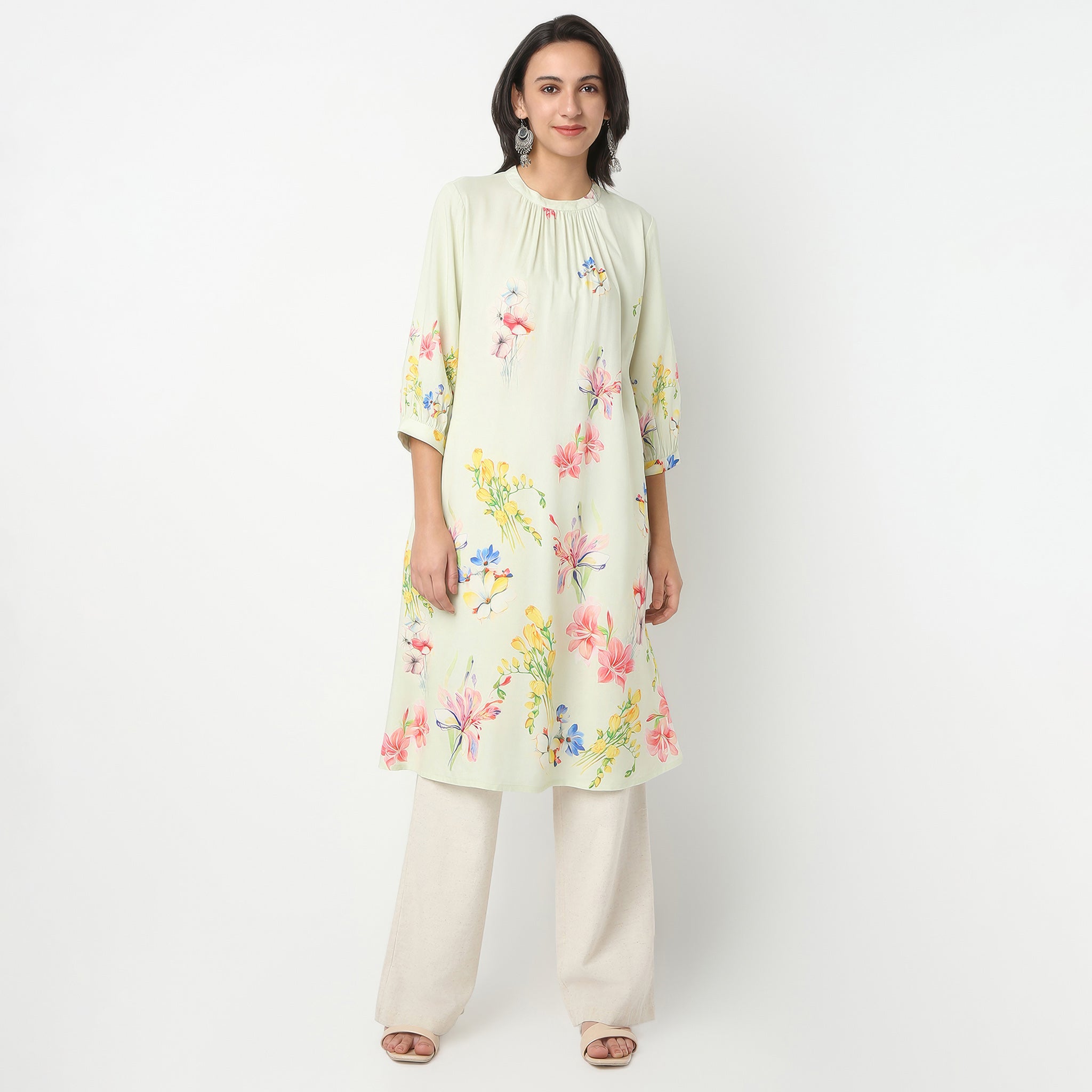 Flare Fit Printed Band Neck Kurta