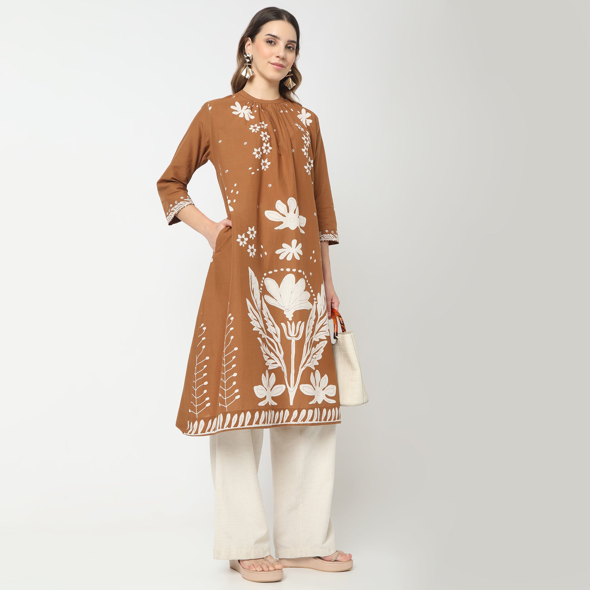 Flare Fit Printed Band Neck Kurta