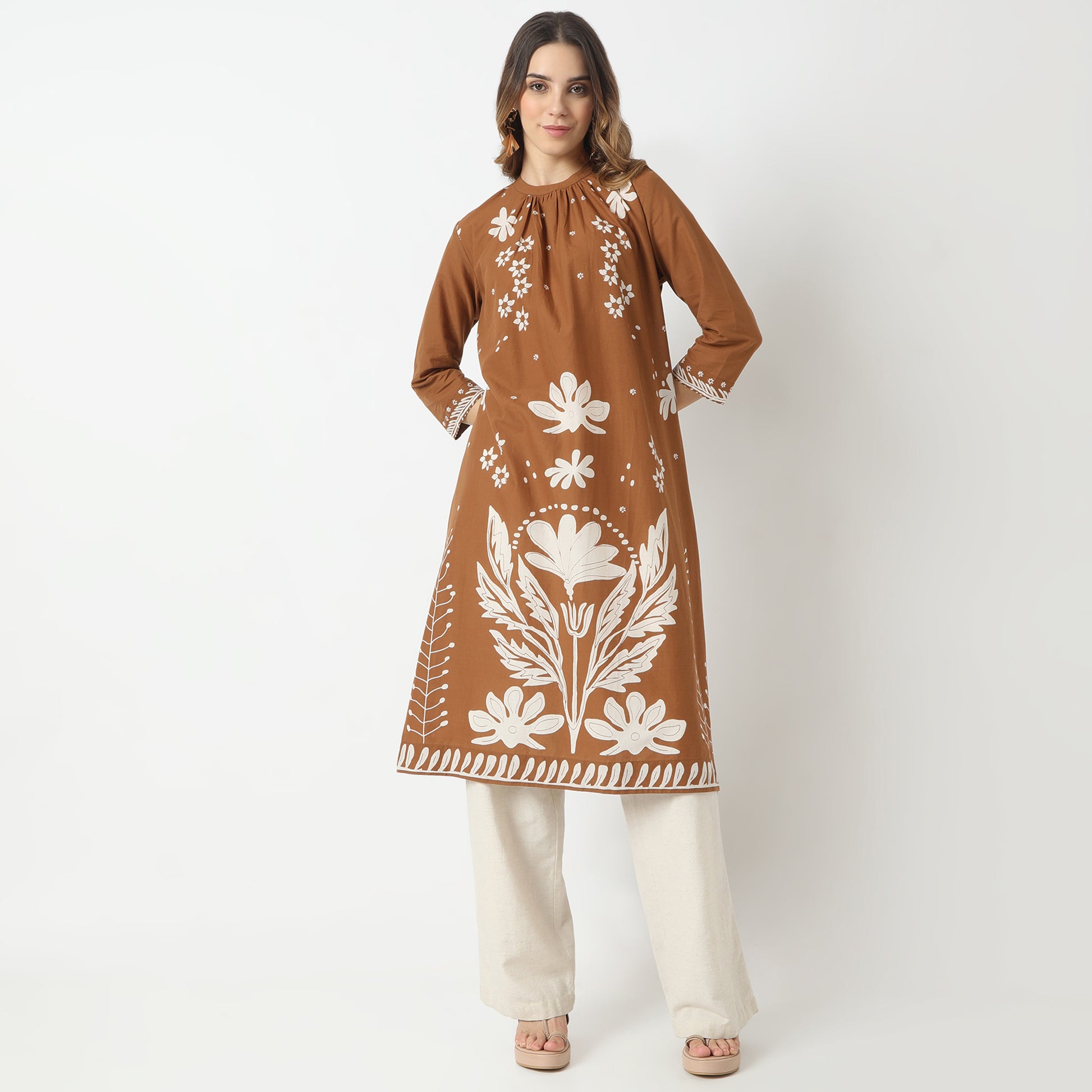 Flare Fit Printed Band Neck Kurta
