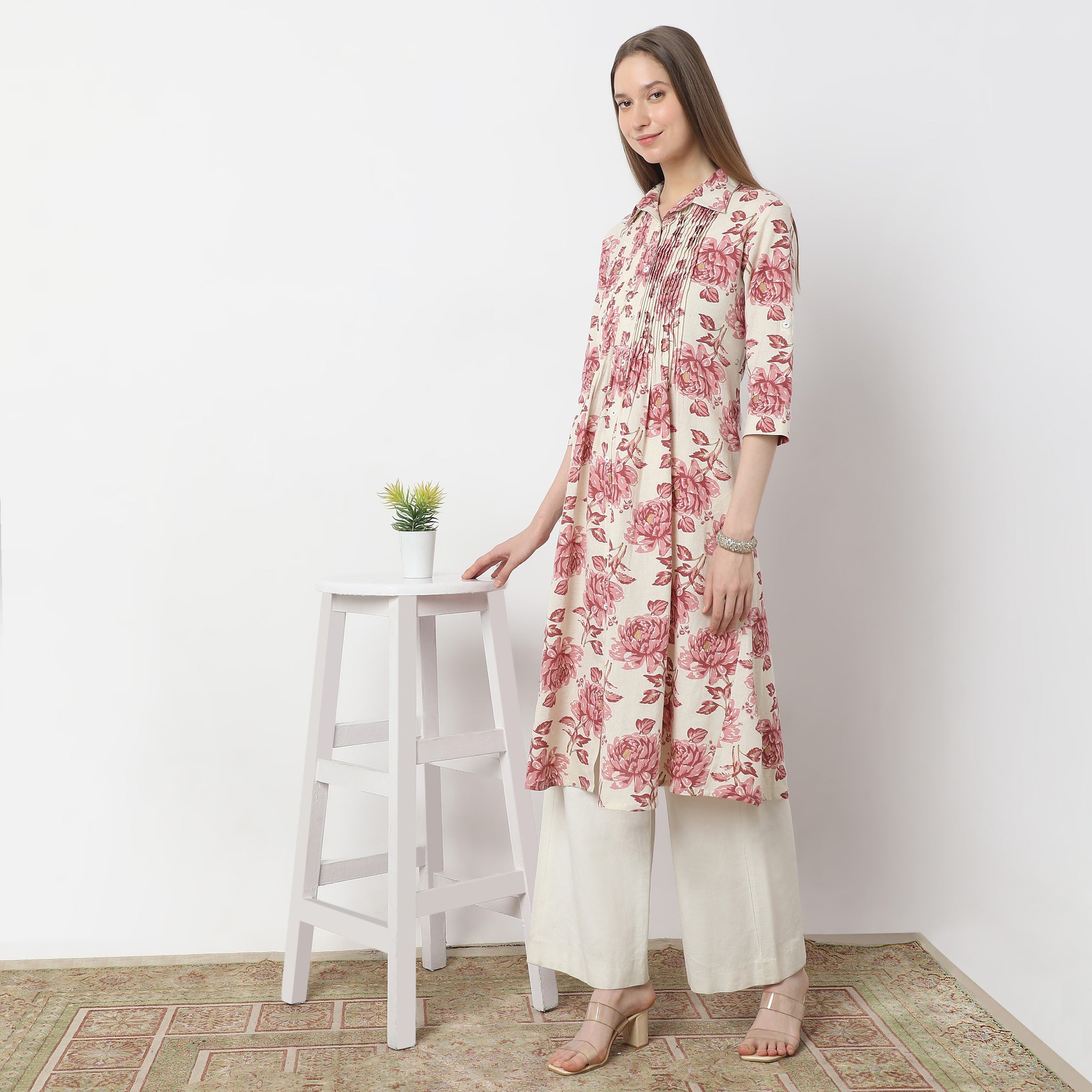 Floral Print Below Knee Shirt Collar Flared Kurta