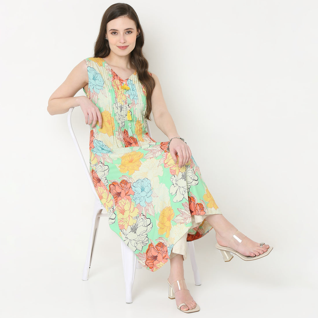 V-Neck Printed Flared Kurta