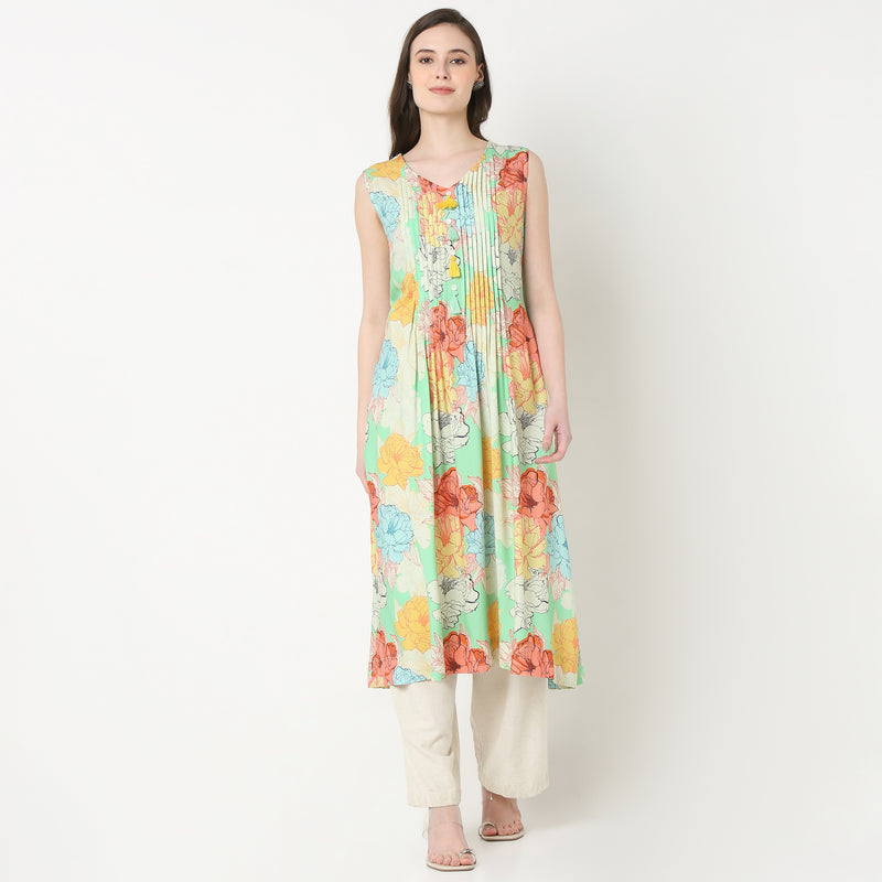 V-Neck Printed Flared Kurta