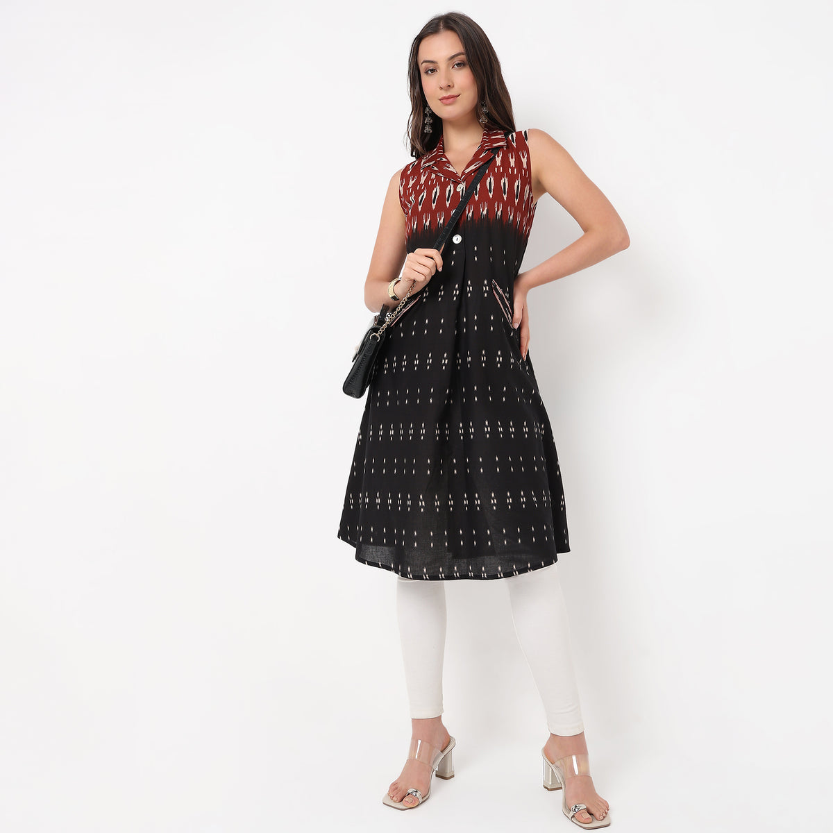 Flare Fit Printed Lapel Collar Sleeveless Kurta 