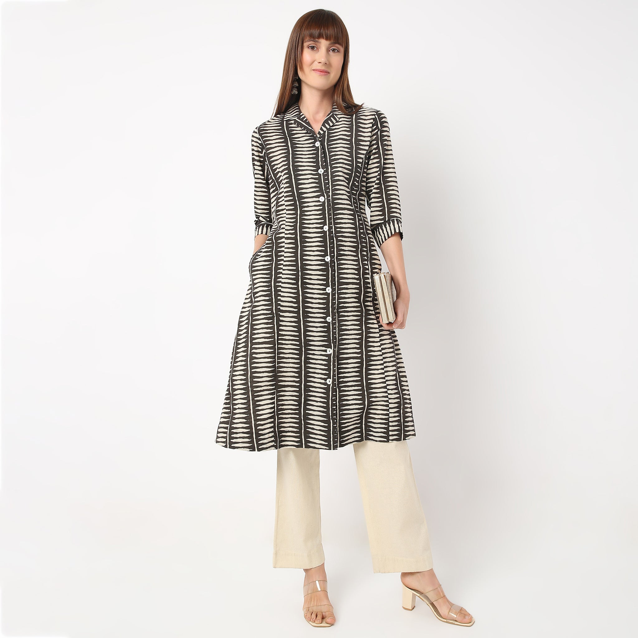 A-Line Printed Lapel Collar Flared Kurta