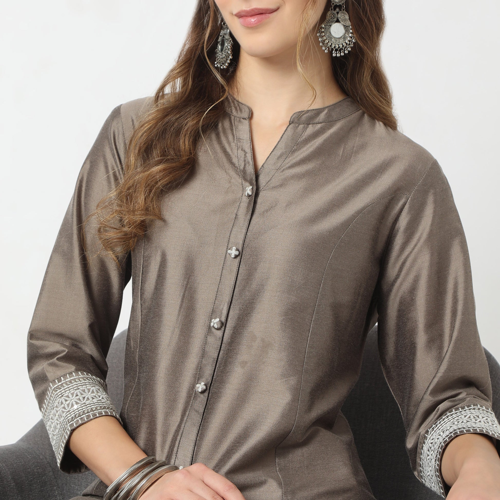 Flare Fit Printed Band Collar Kurta