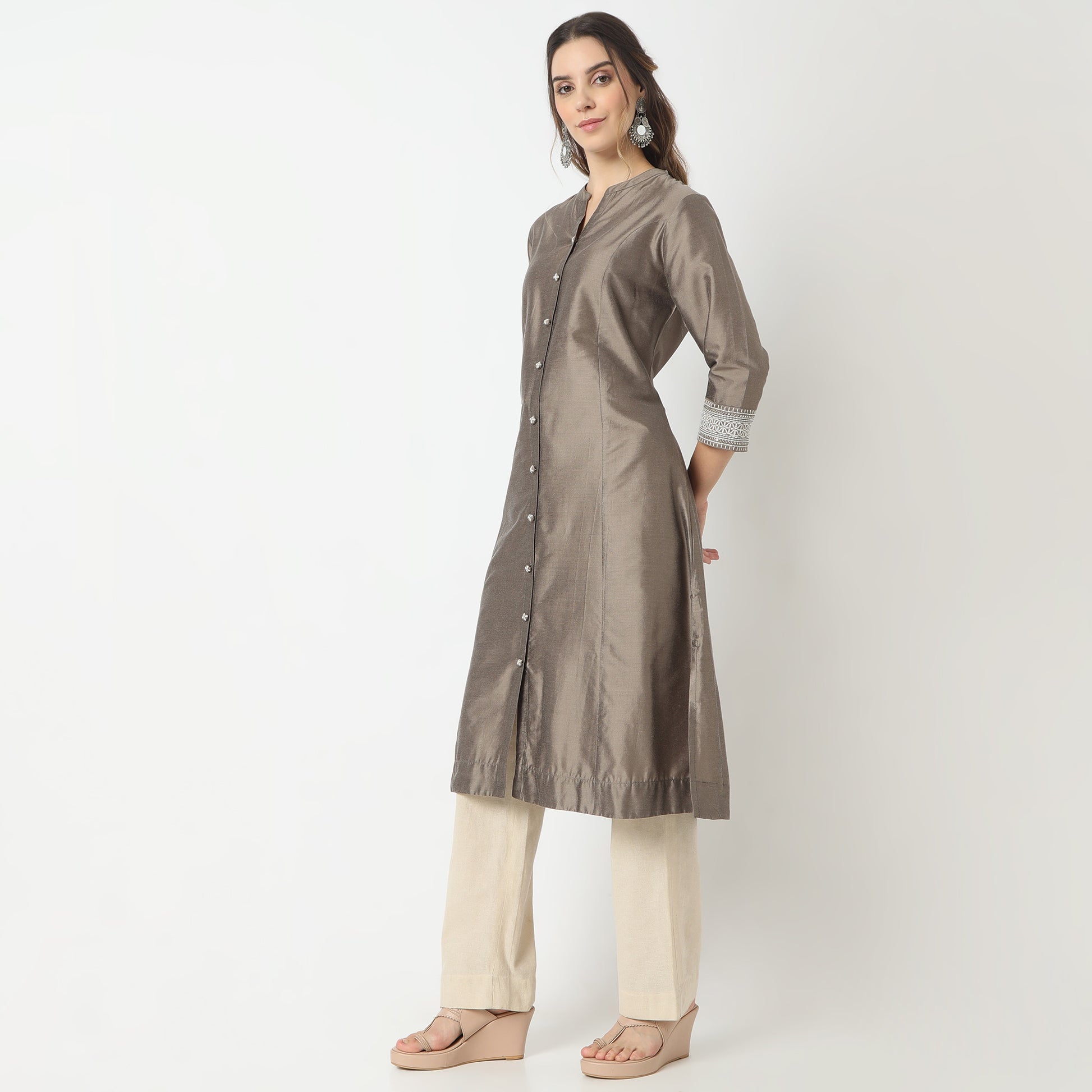 Flare Fit Printed Band Collar Kurta