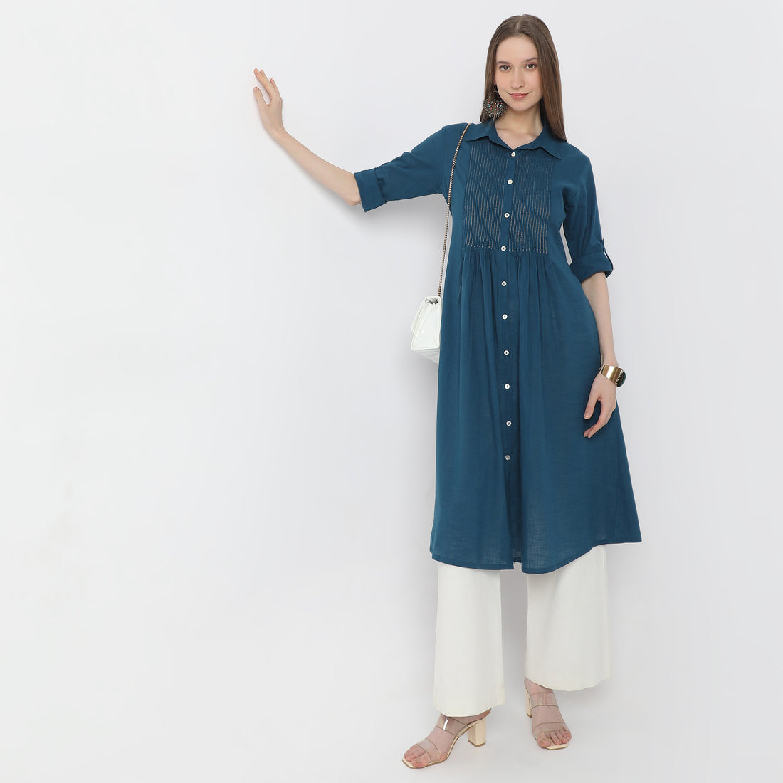 Below Knee Botanical Blueprints Shirt Collar Flared Kurta