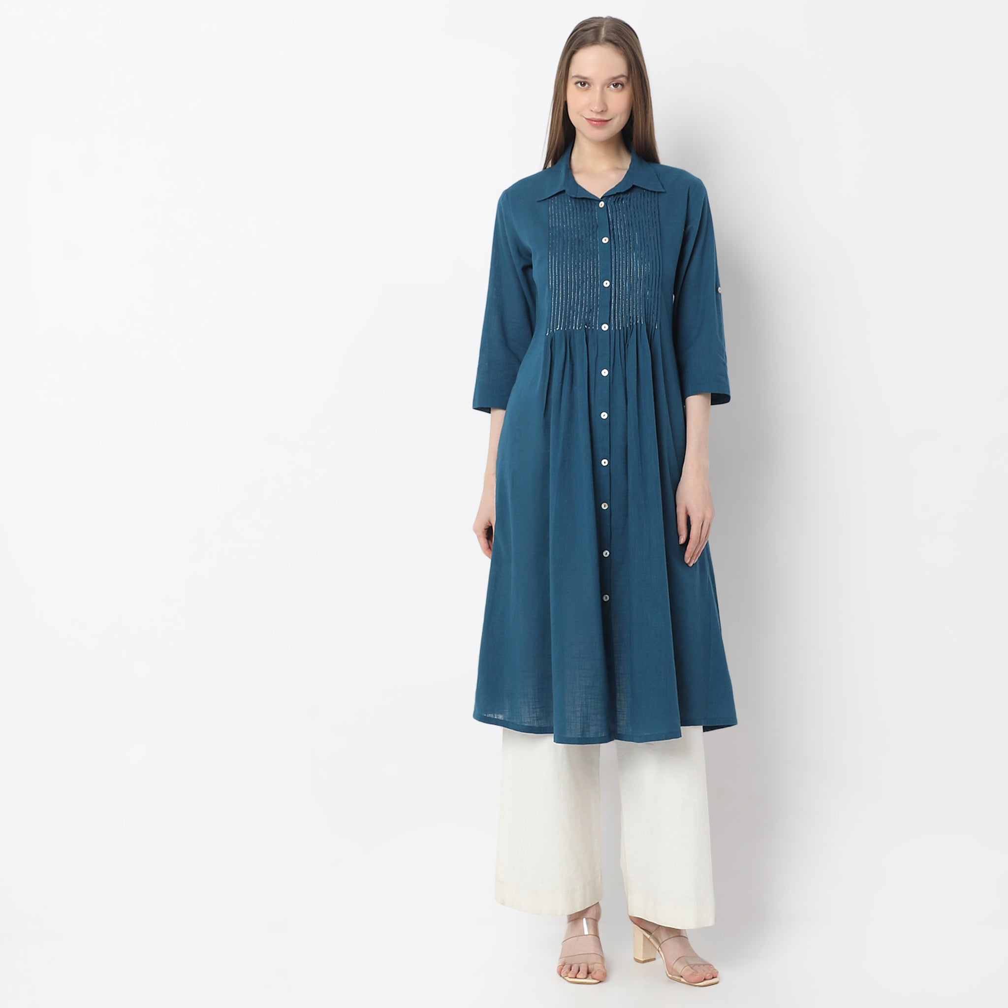 Below Knee Botanical Blueprints Shirt Collar Flared Kurta