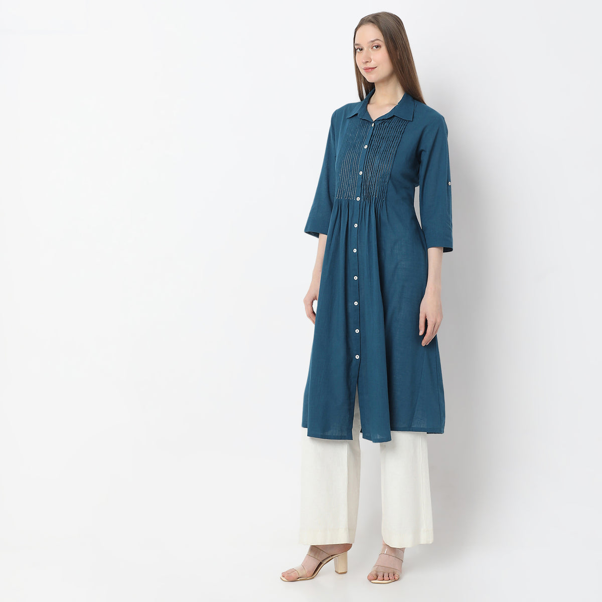 Below Knee Botanical Blueprints Shirt Collar Flared Kurta