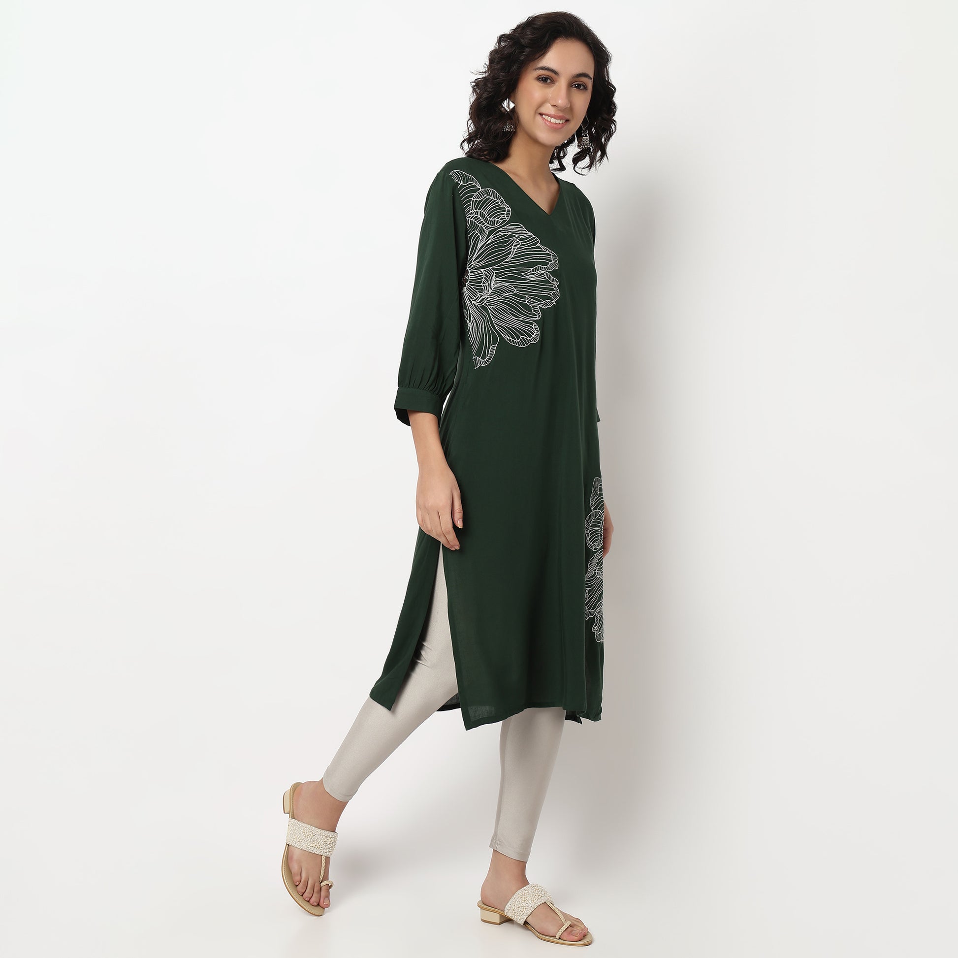 Buy Women Straight Fit Printed Three-Fourth Sleeve Kurta  - Style Union