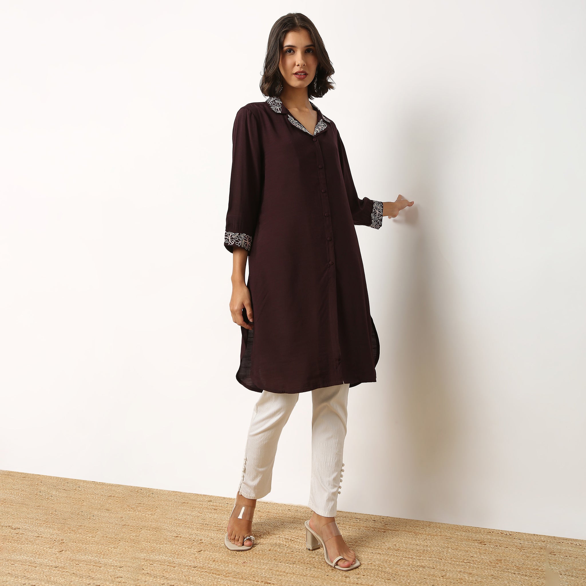 Buy Women Straight Fit Embroidered Three-Fourth Sleeve Kurta  - Style Union