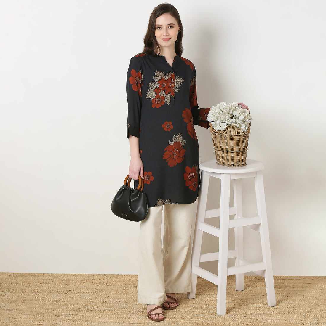 Printed Band Collar Straight Kurta