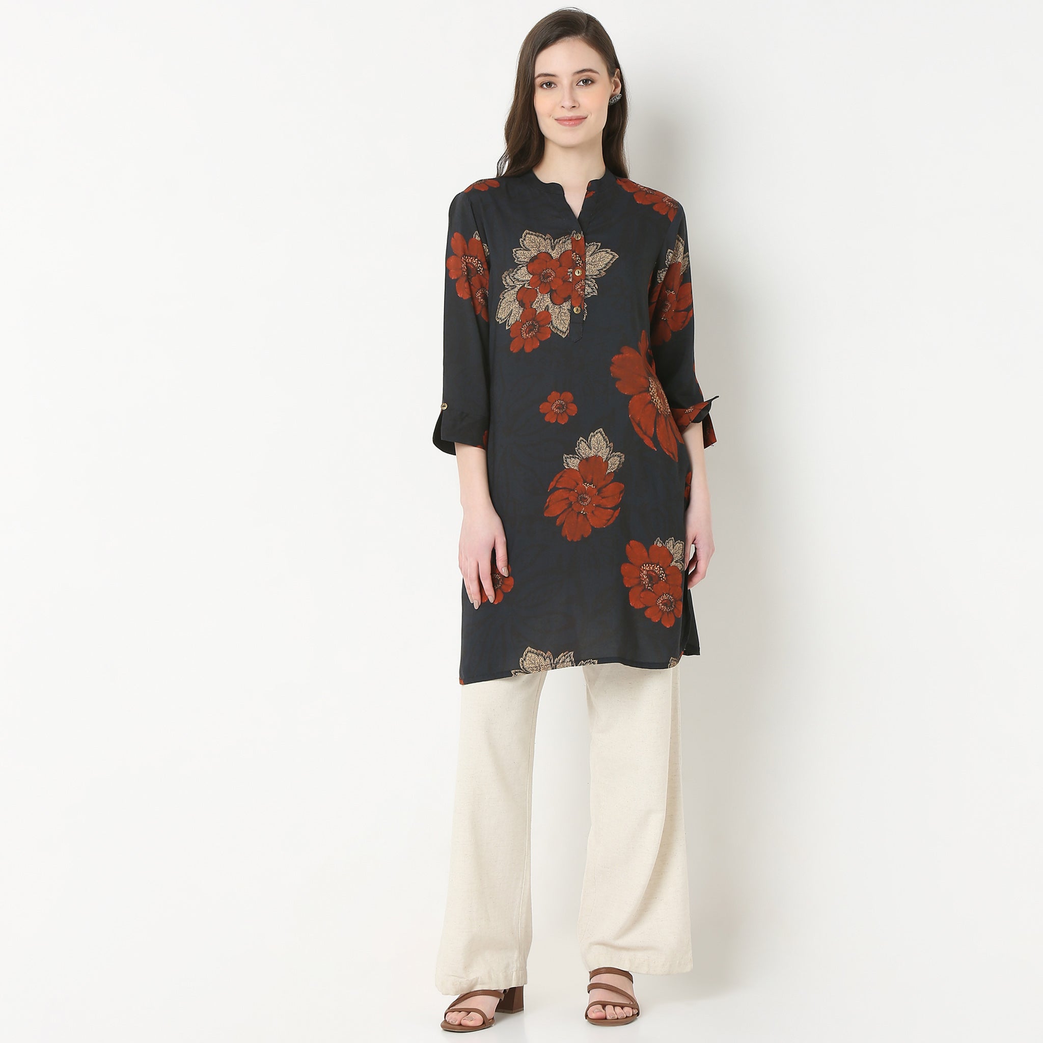 Printed Band Collar Straight Kurta