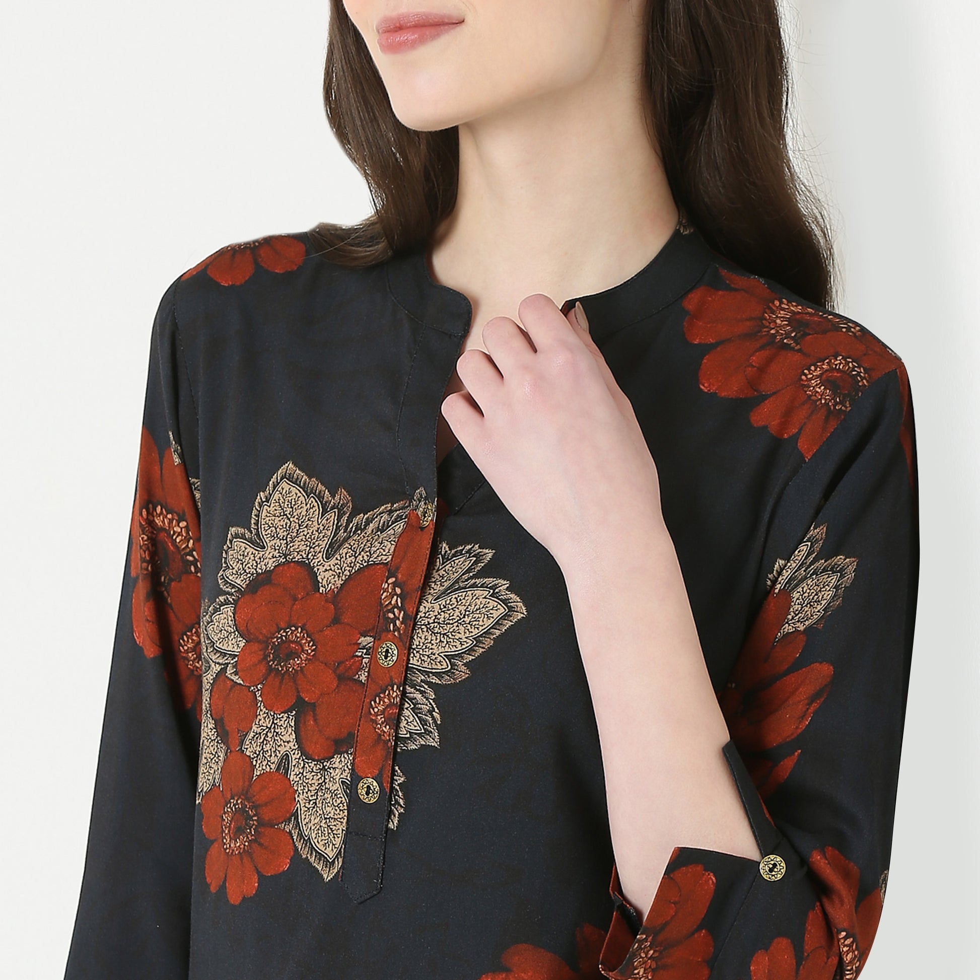 Printed Band Collar Straight Kurta