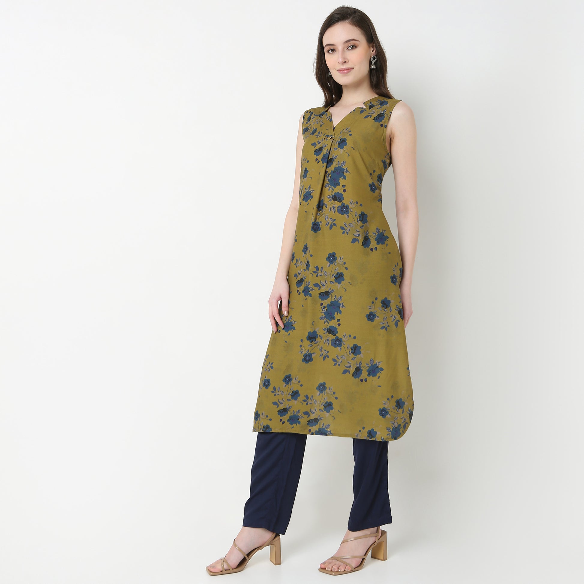 V-Neck Printed A-Line Kurta