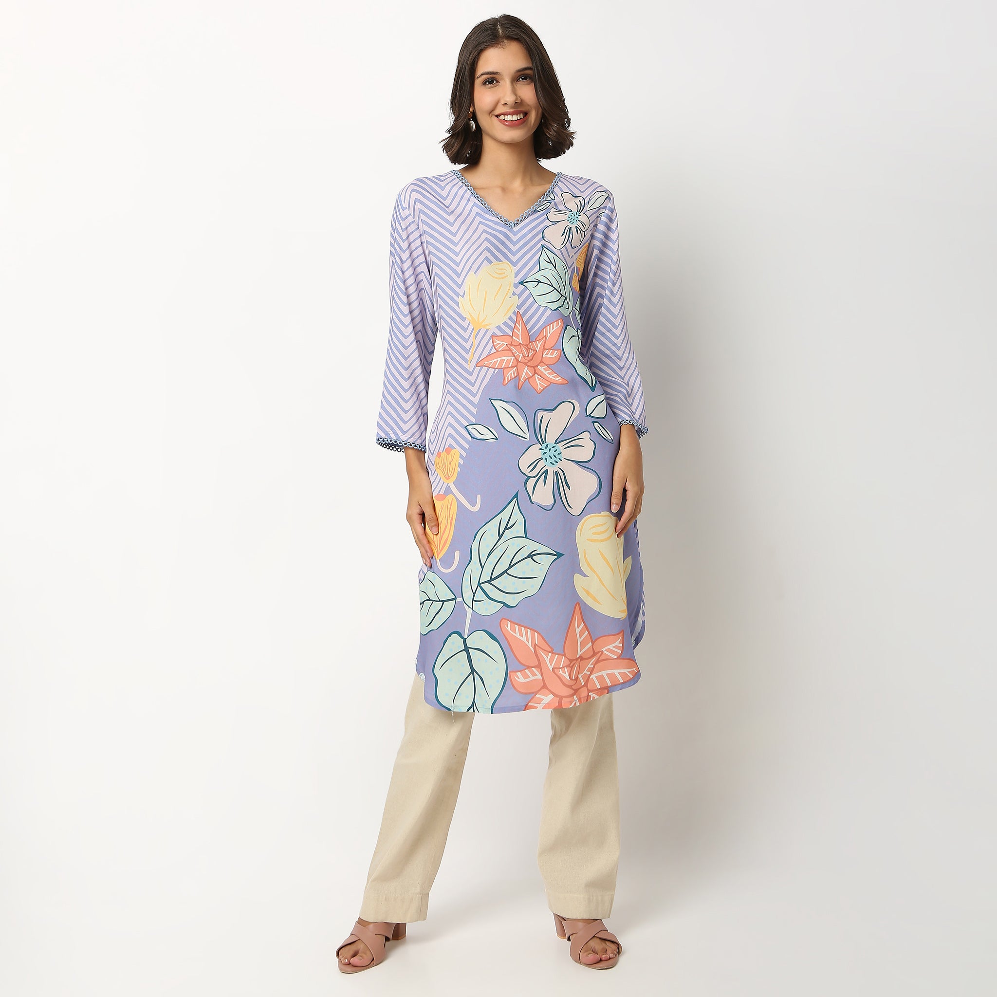 Buy Women Straight Fit Digital Printed Three-Fourth Sleeve Kurta  - Style Union