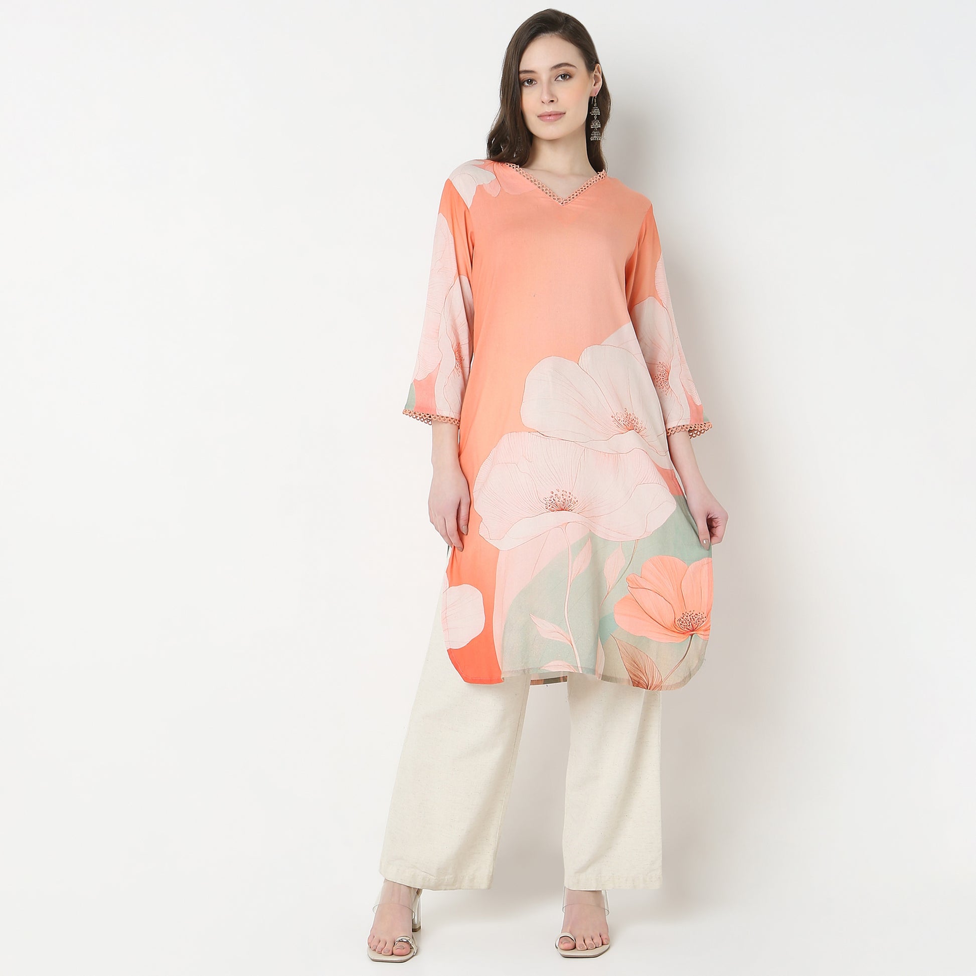 V-Neck Printed Straight Kurta