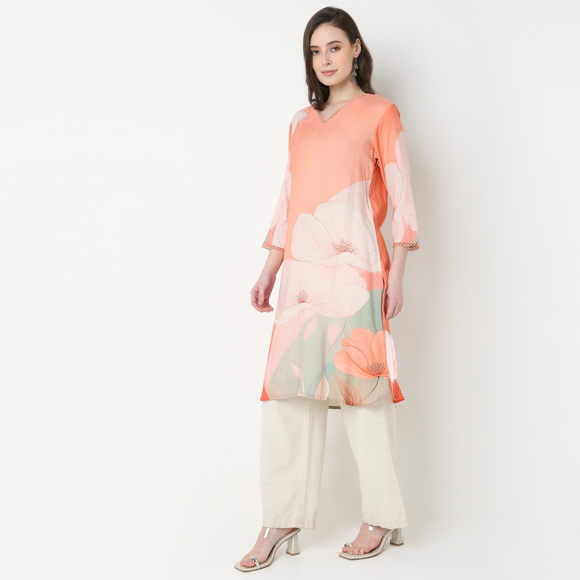 V-Neck Printed Straight Kurta