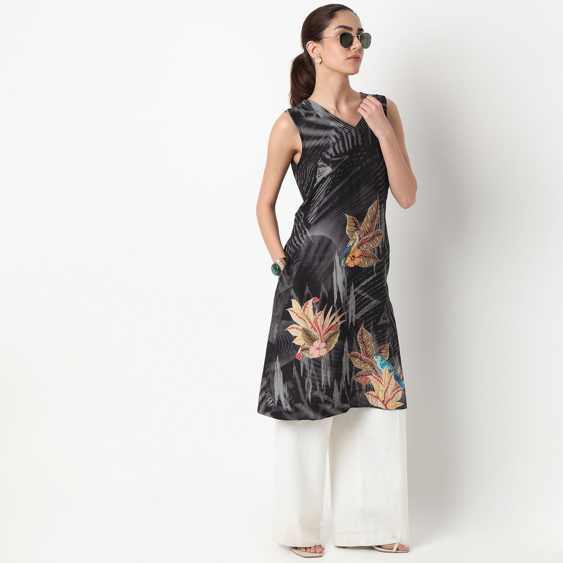 Printed V-Neck A-Line Kurta