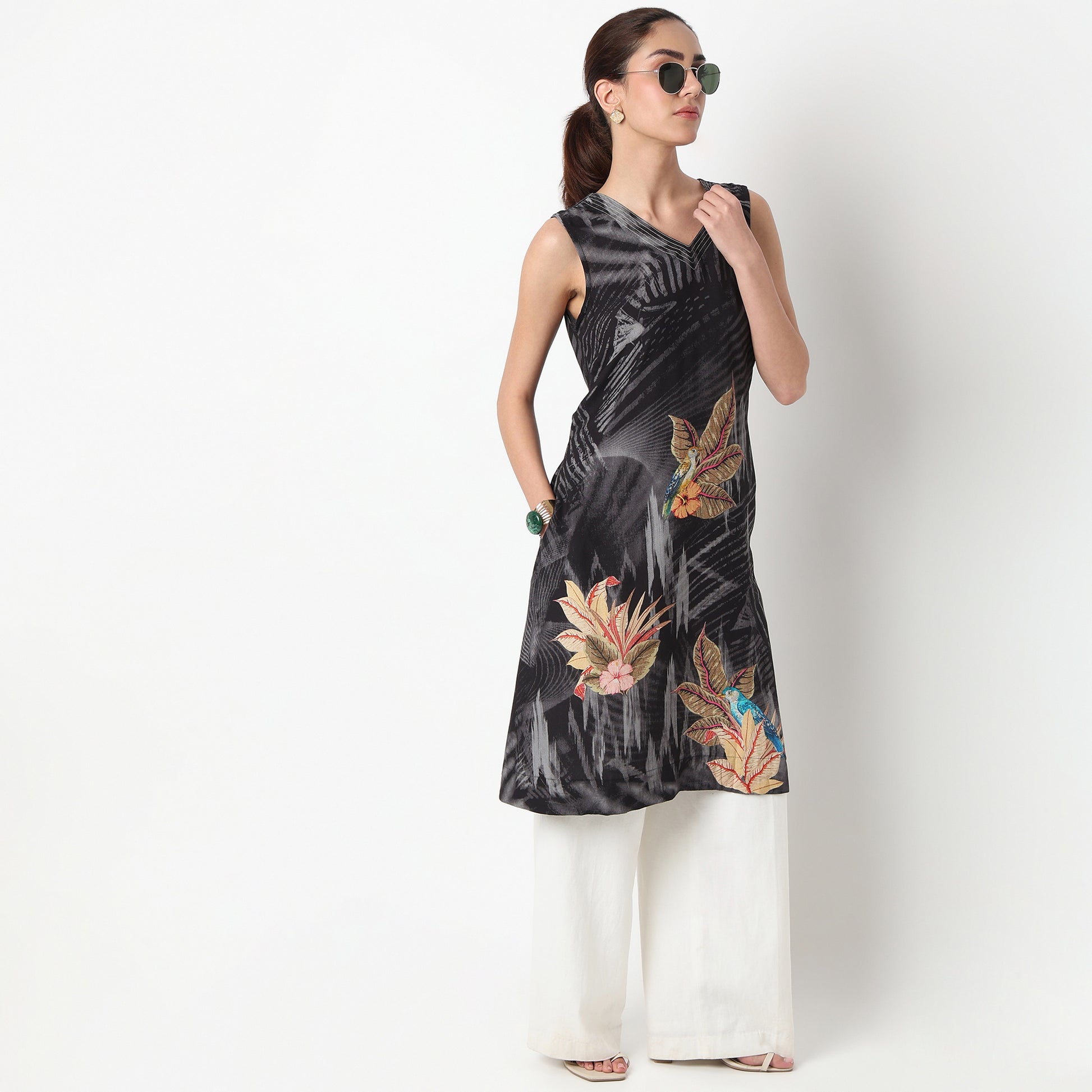 Printed V-Neck A-Line Kurta