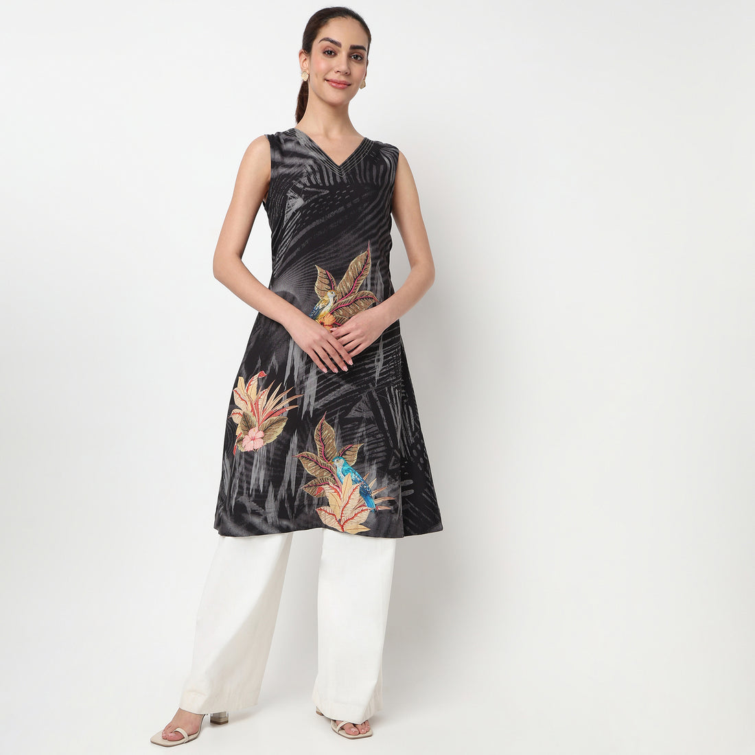 Printed V-Neck A-Line Kurta