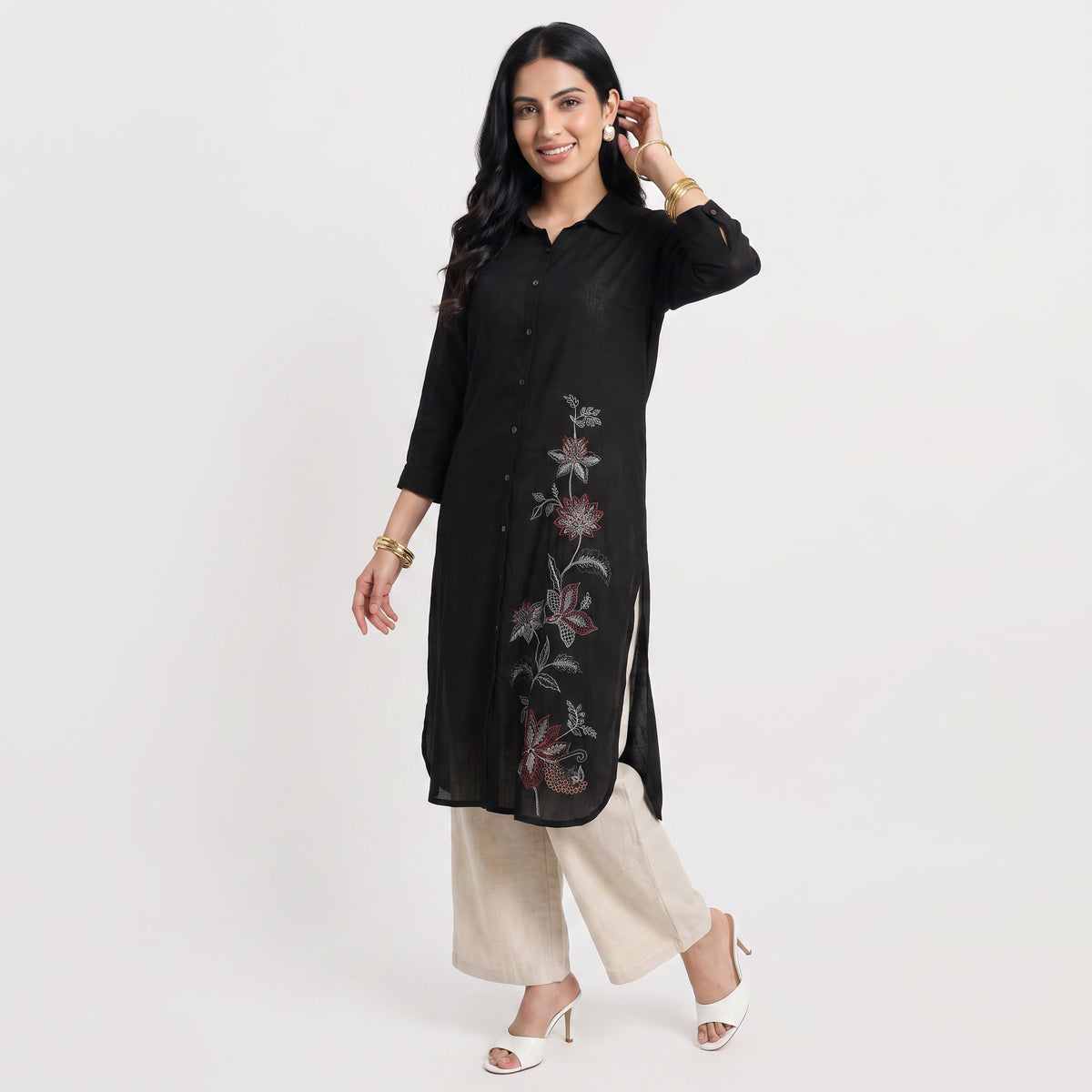 Solid Shirt Collar Straight Kurta