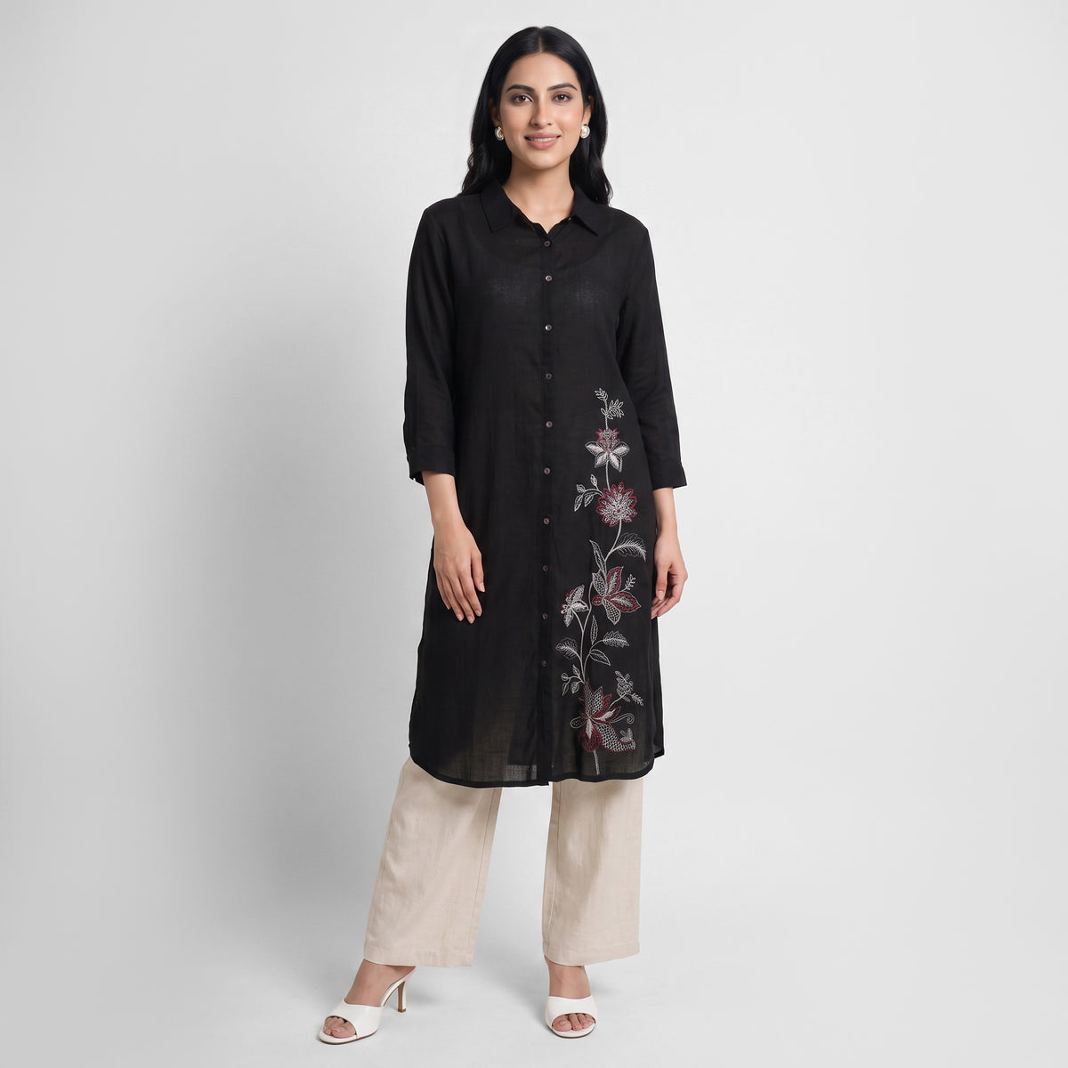 Solid Shirt Collar Straight Kurta