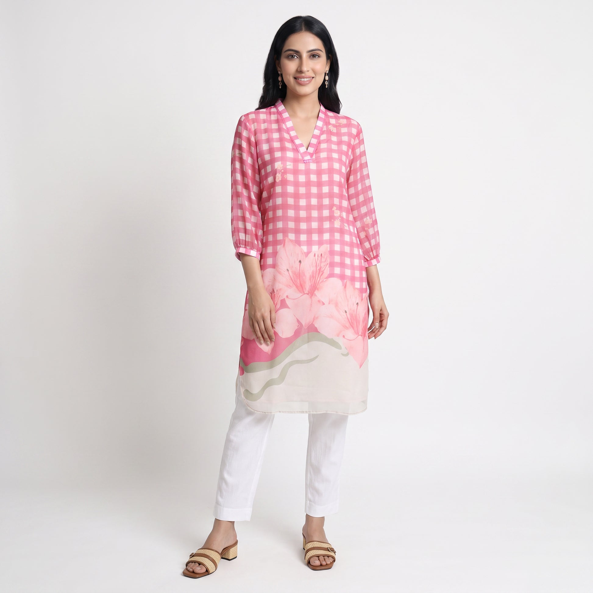 Printed V-Neck Straight Kurta