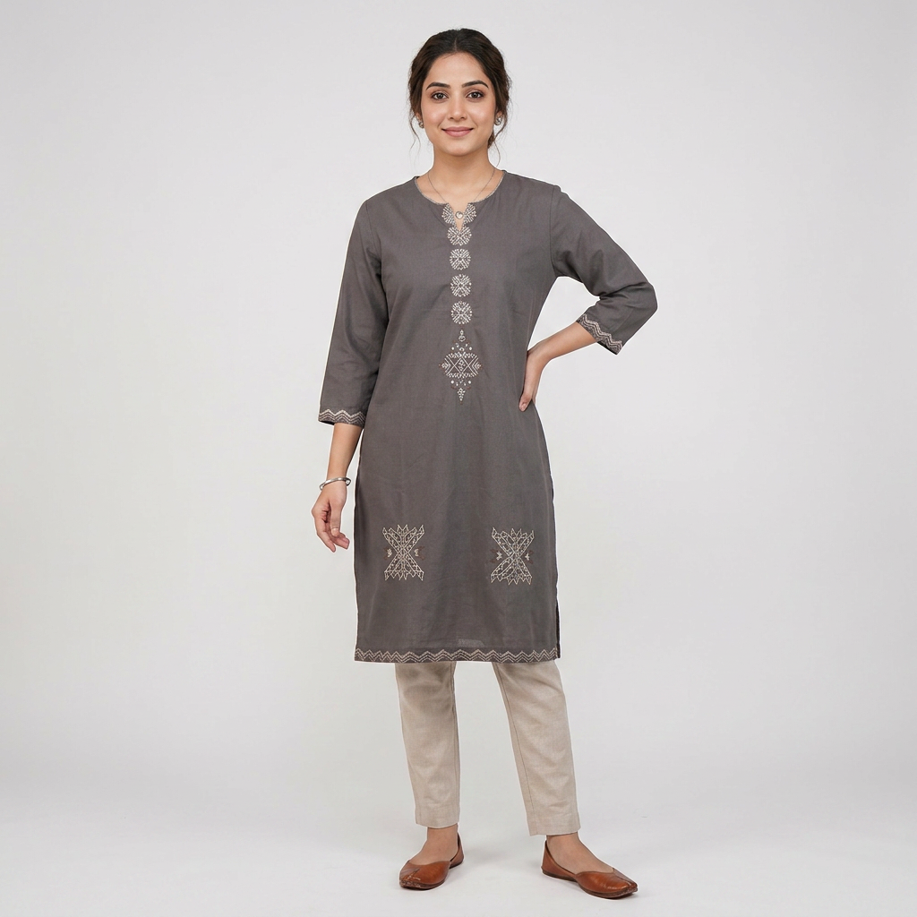 Cotton Embroidered Straight Kurta