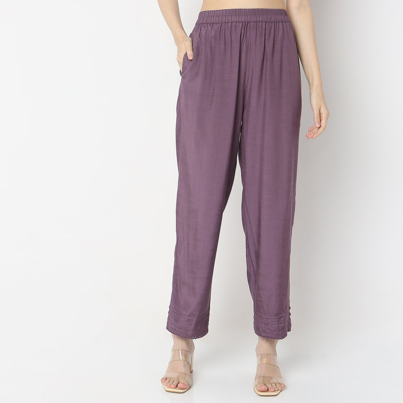 Straight Fit Solid Mid Rise Pants