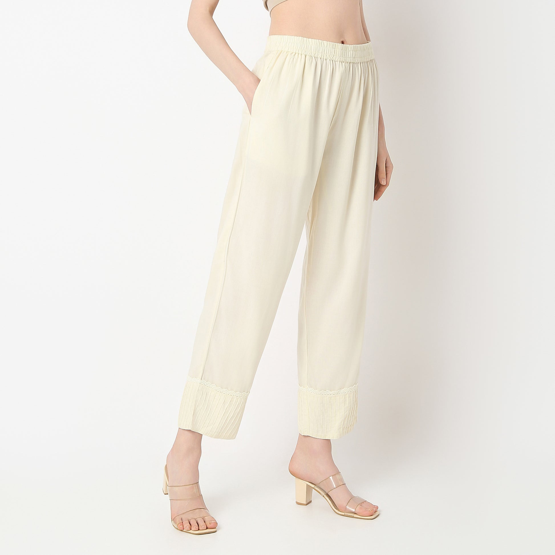Straight Fit Solid Mid Rise Pants