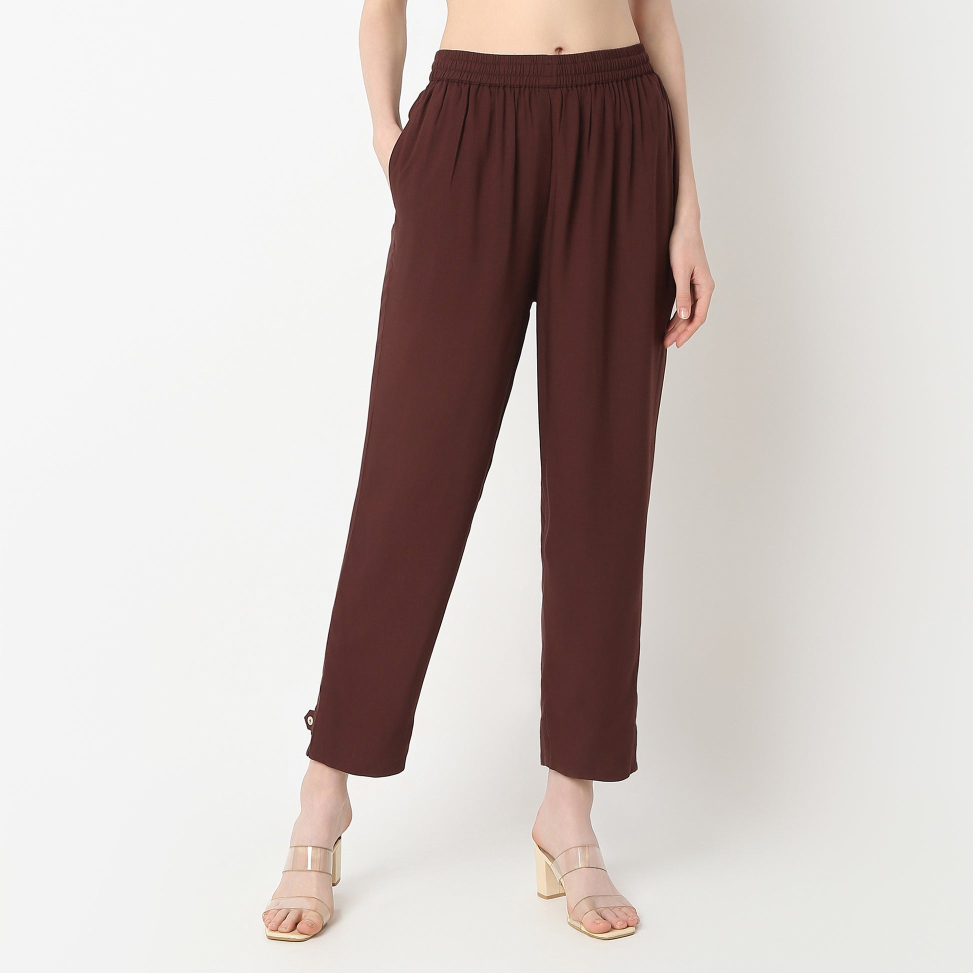 Straight Fit Solid Mid Rise Pants
