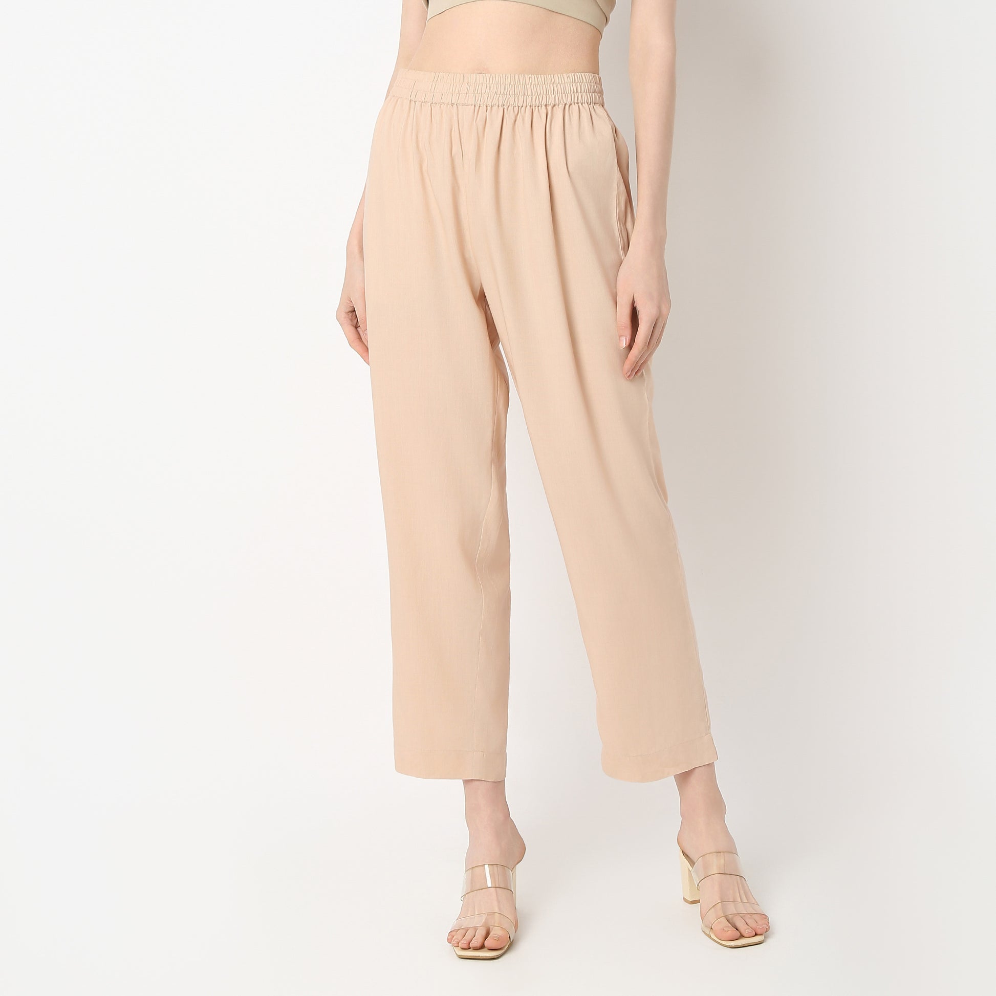 Straight Fit Solid Mid Rise Pants