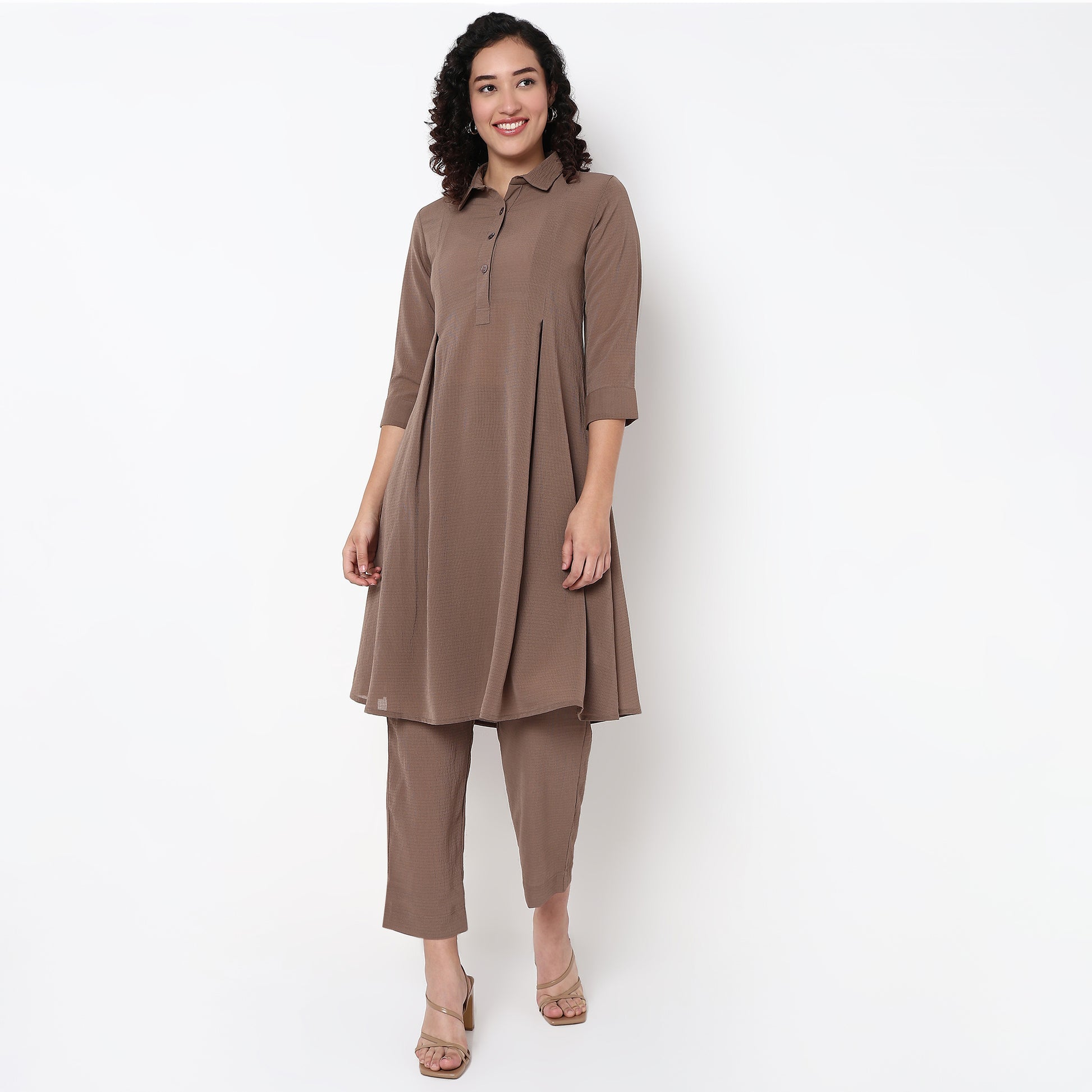 Flare Fit Box Inwared Pleat A-Line Kurta with Pant Set