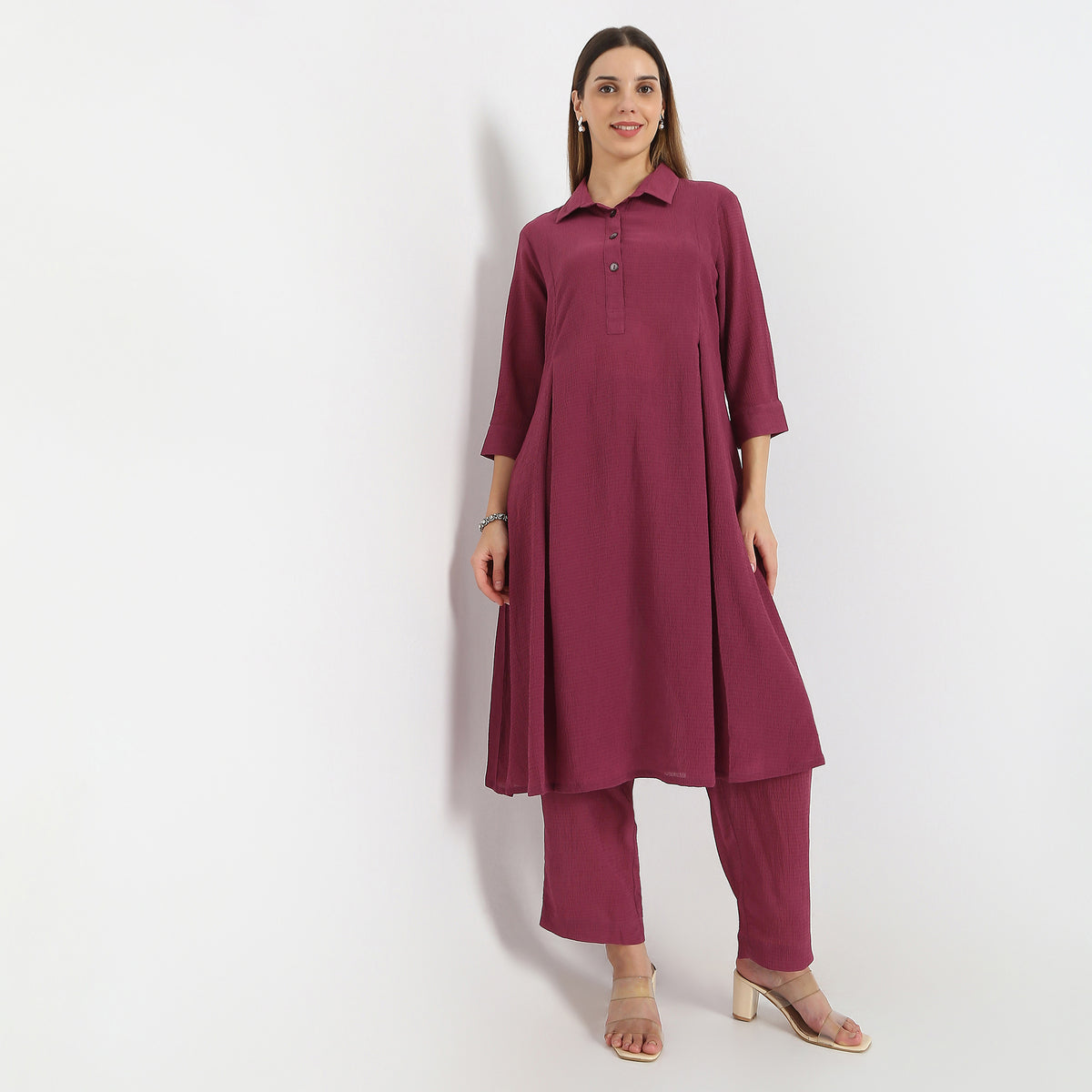 Flare Fit Box Inwared Pleat A-Line Kurta with Pant Set