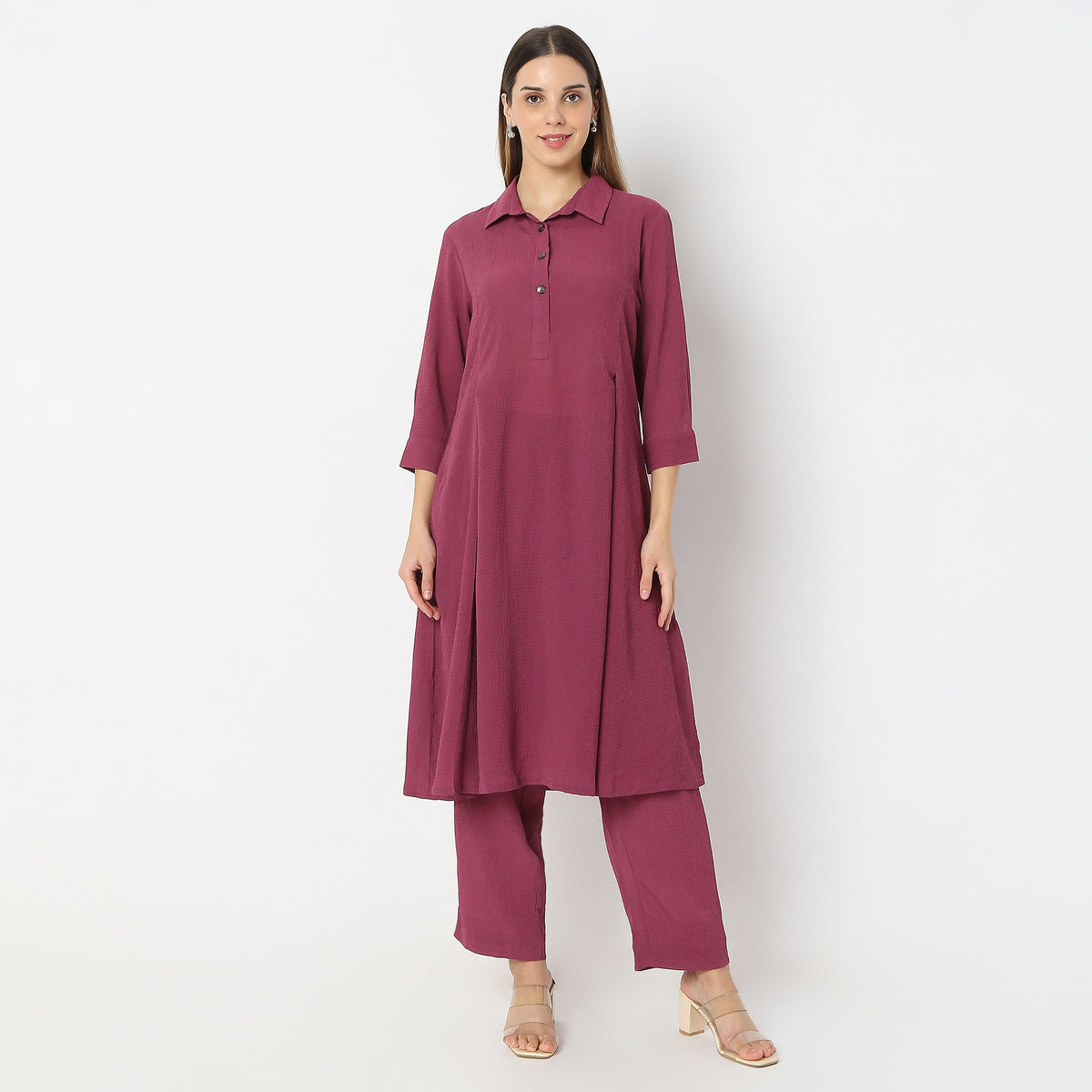 Flare Fit Box Inwared Pleat A-Line Kurta with Pant Set