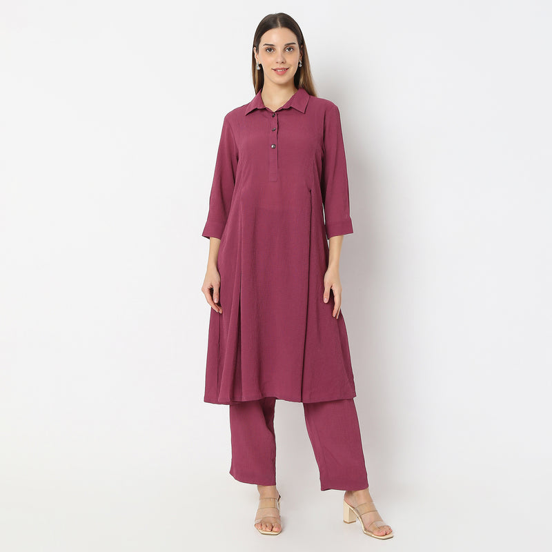 Flare Fit Box Inwared Pleat A-Line Kurta with Pant Set