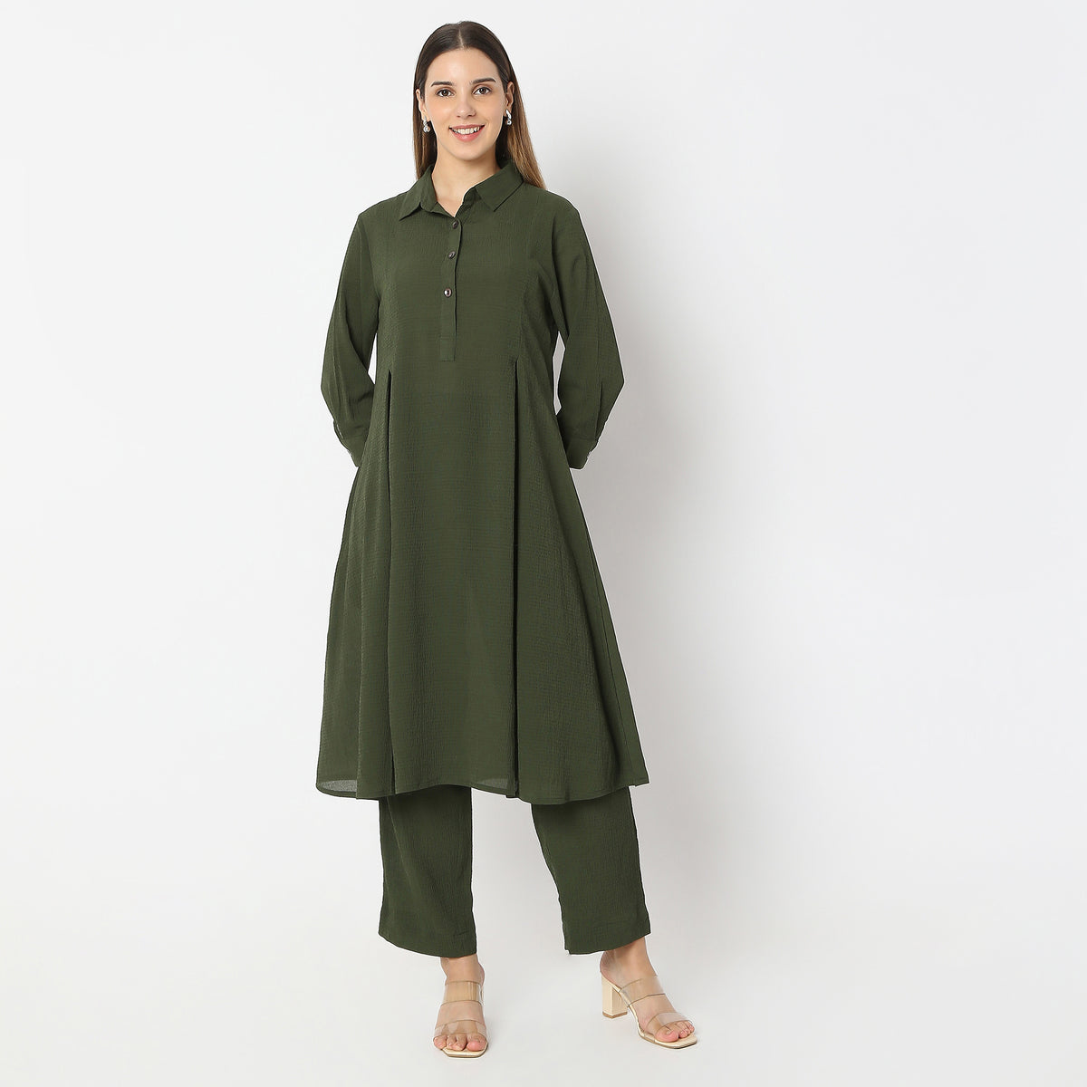 Flare Fit Box Inwared Pleat A-Line Kurta with Pant Set