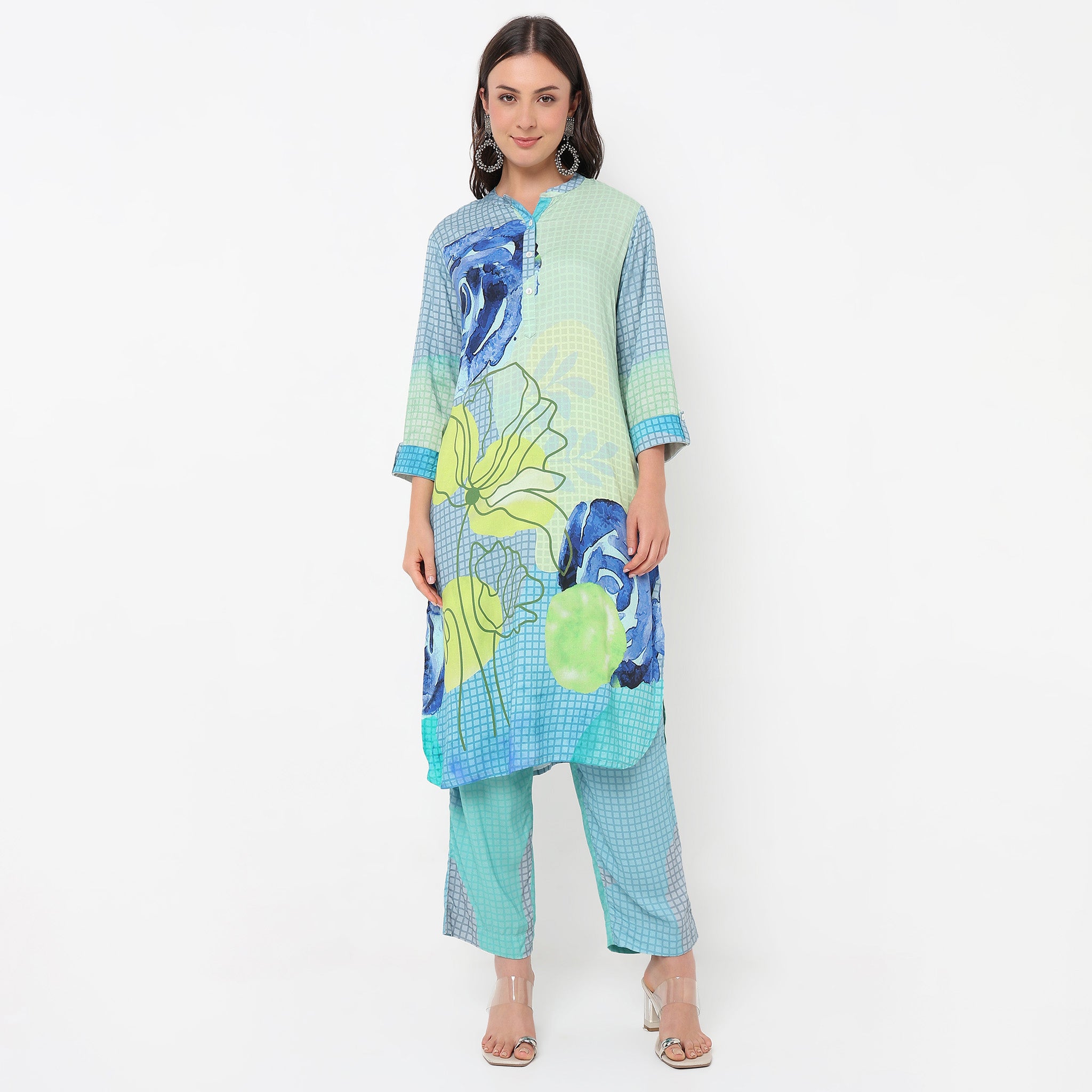 Straight Fit Printed Below Knee Band Collar Kurta with Pant Set