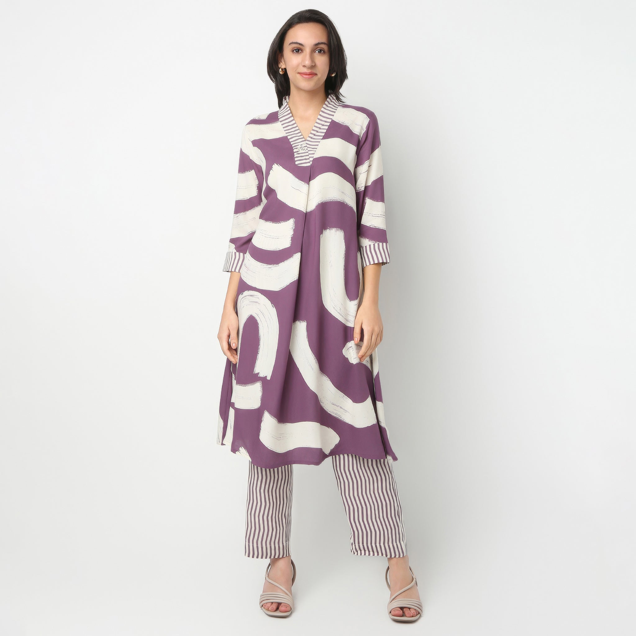 Flare Fit Printed V-Neck Kurta with Pant Set